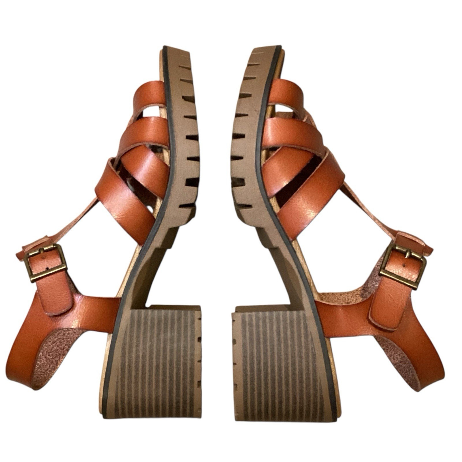 POP Comfort Fit Sandals Block Heel Chunky Strappy Leather Cognac Size 9 Women’s