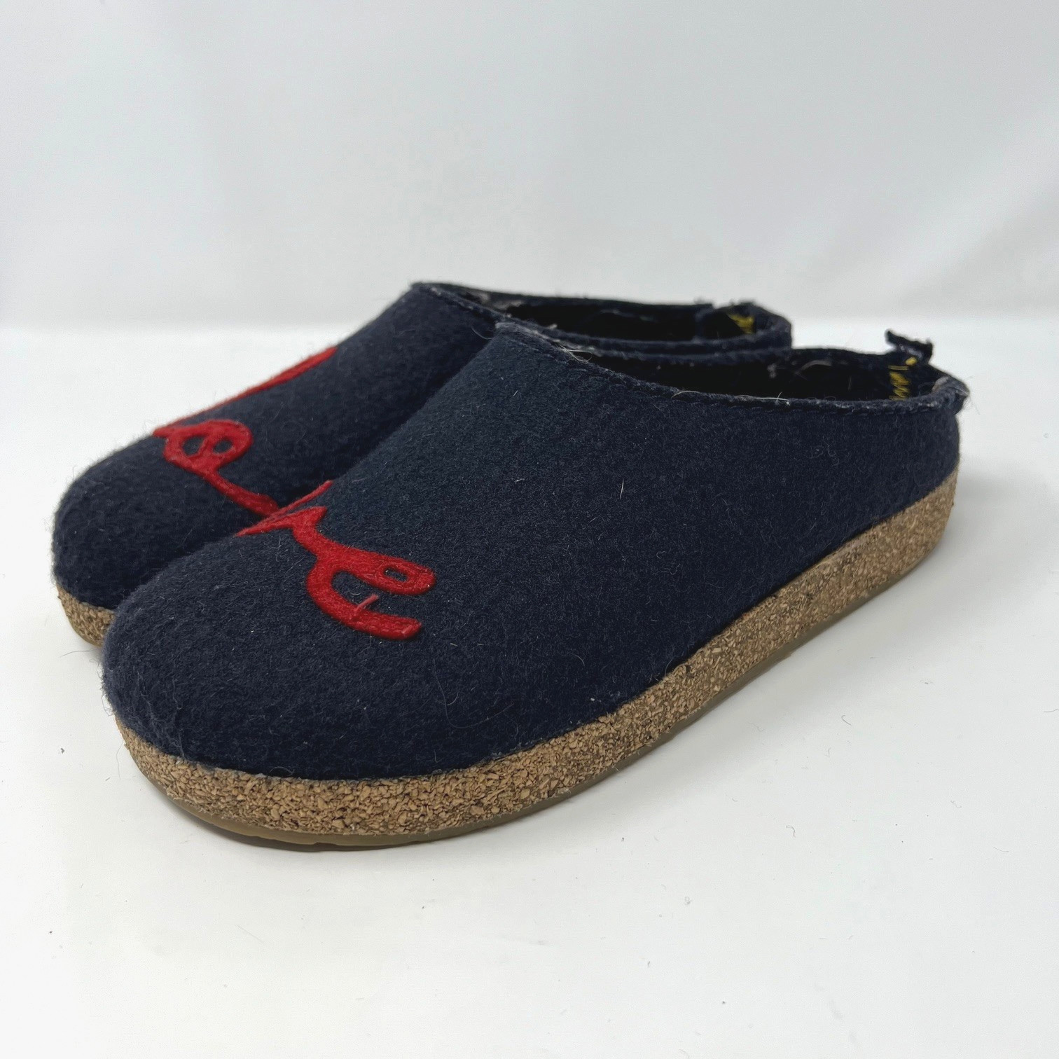 Haflinger Love Wool Felt Clogs Slippers Navy Red Script Womens 38 Size 7 READ