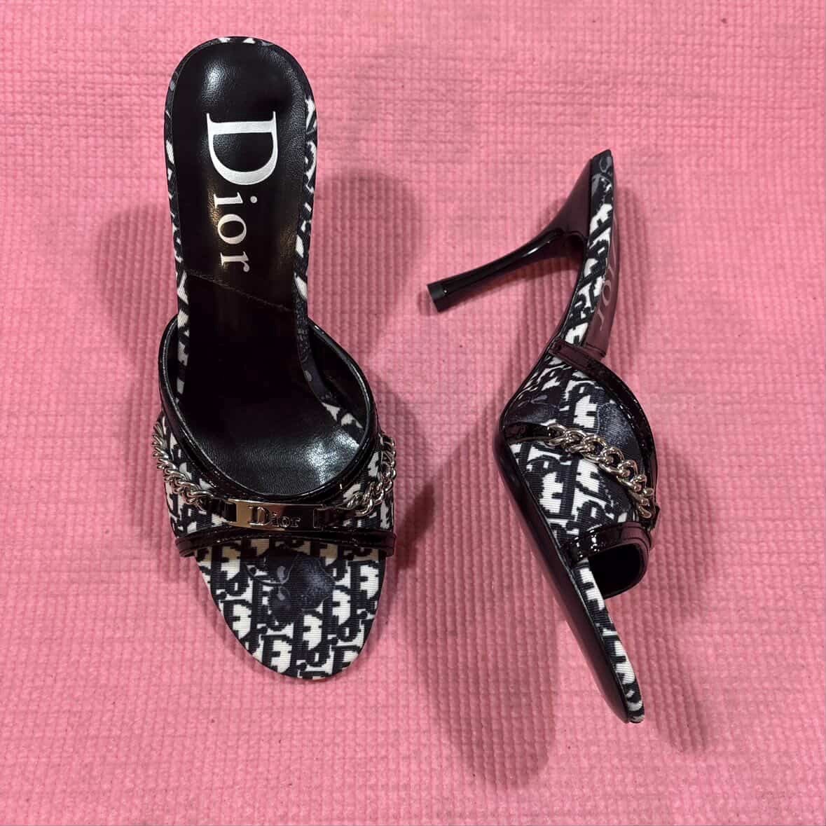 Dior Black & White Monogram cherry blossom Chain Heels Open Toe Leather Women’s6
