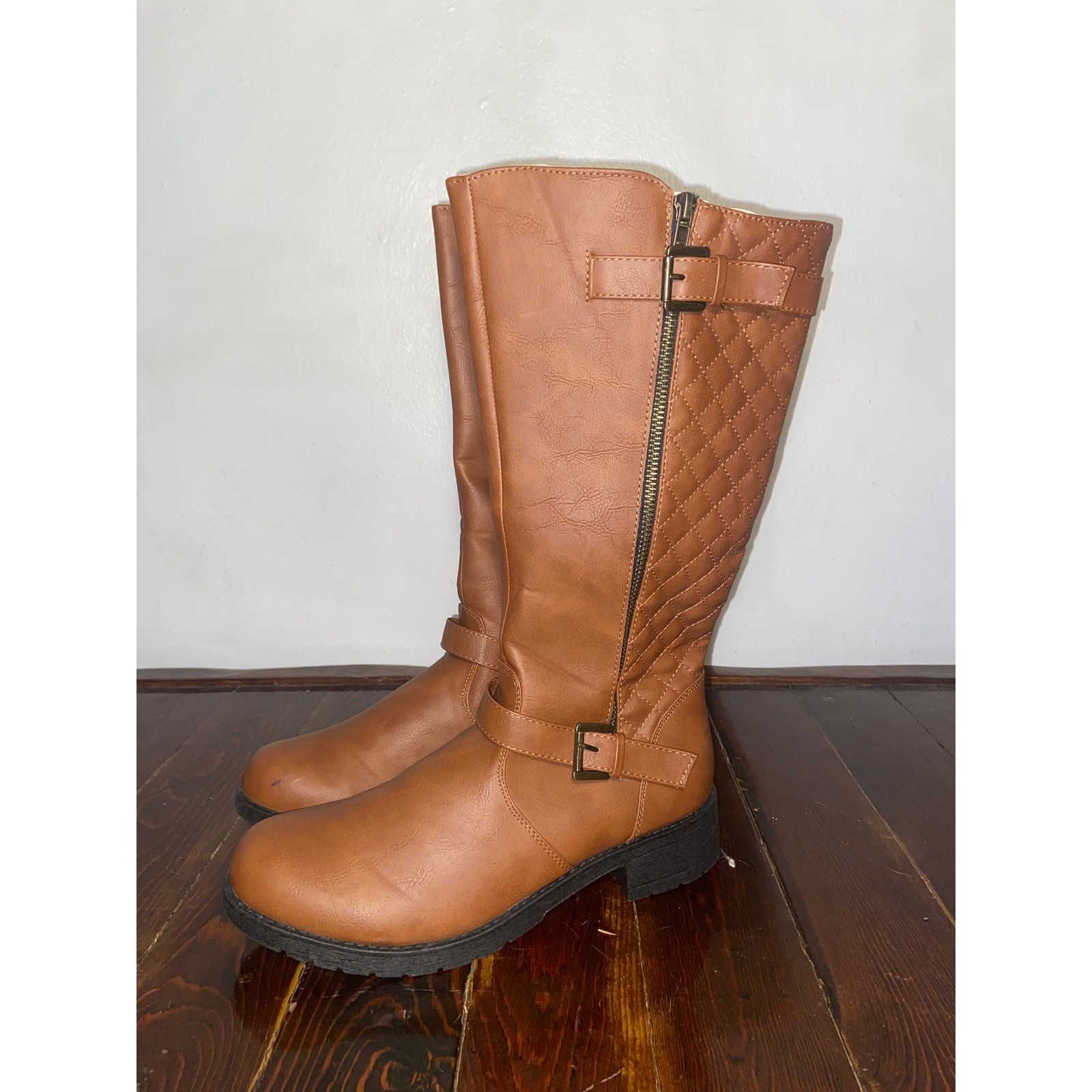 Zanta Tan Cognac Quilted Tall Riding Boots Womens 10 Western Preppy Quiet Luxury