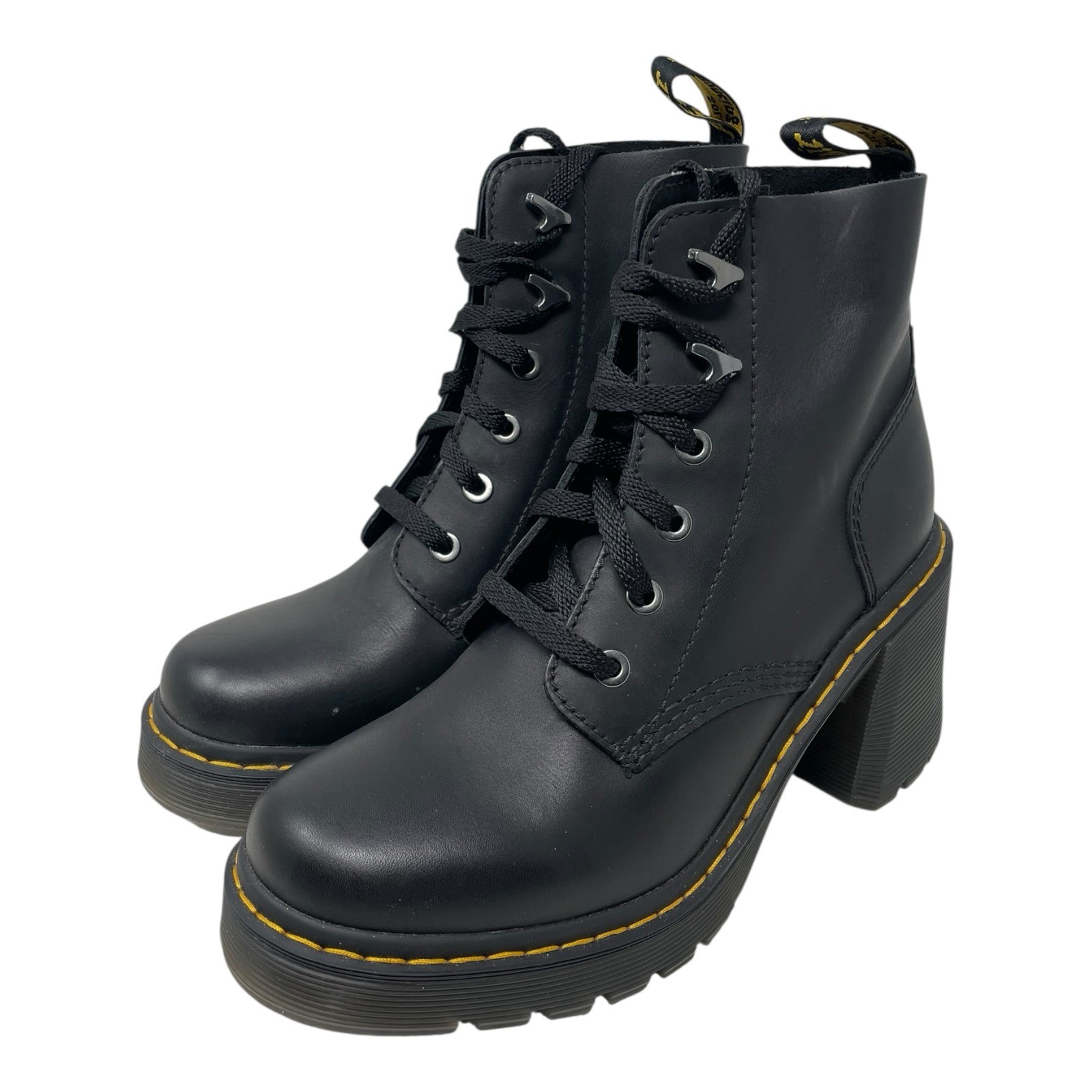 Dr Martens Doc’s Jesy Black Leather Lace-Up Block Heel Combat Boots US 9 L