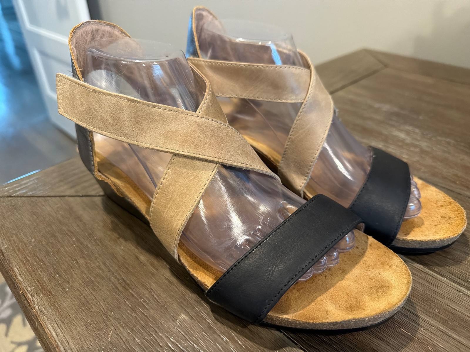 NAOT Vixen Black Tan Leather Slingback Adjustable Wedge Sandals EU 40 US 9-9.5