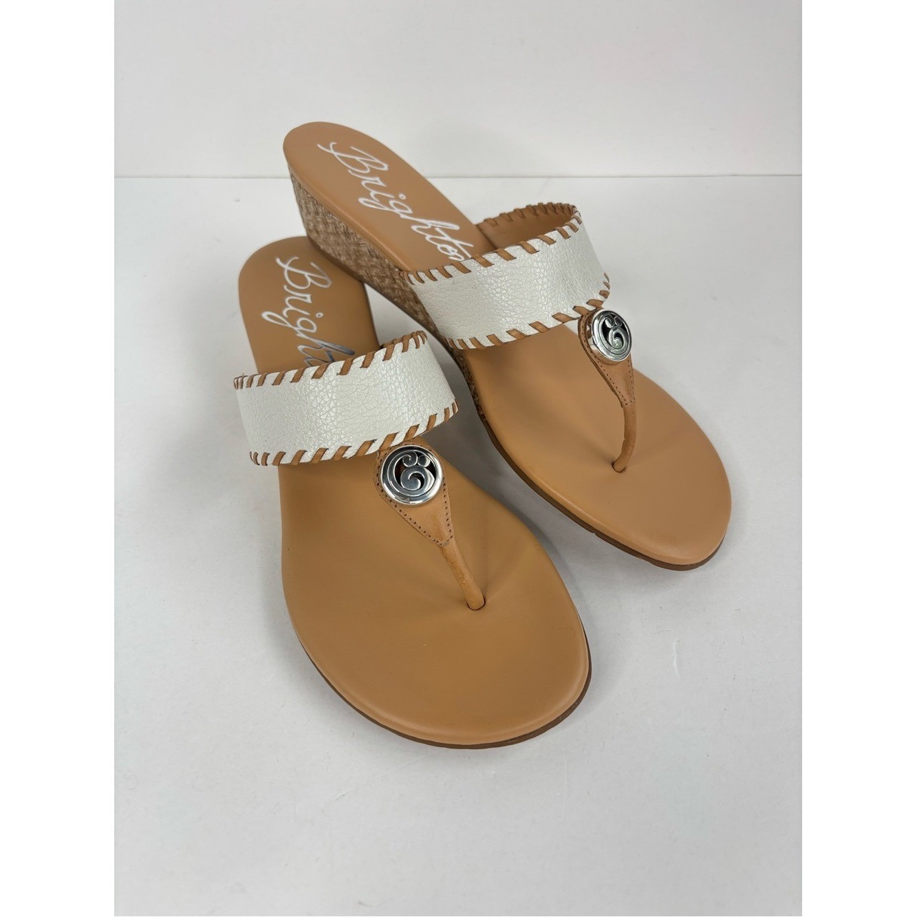 New Brighton Lia Dem Wedge Thong Leather Sandals 8074 White Tan Whipstitch 8M