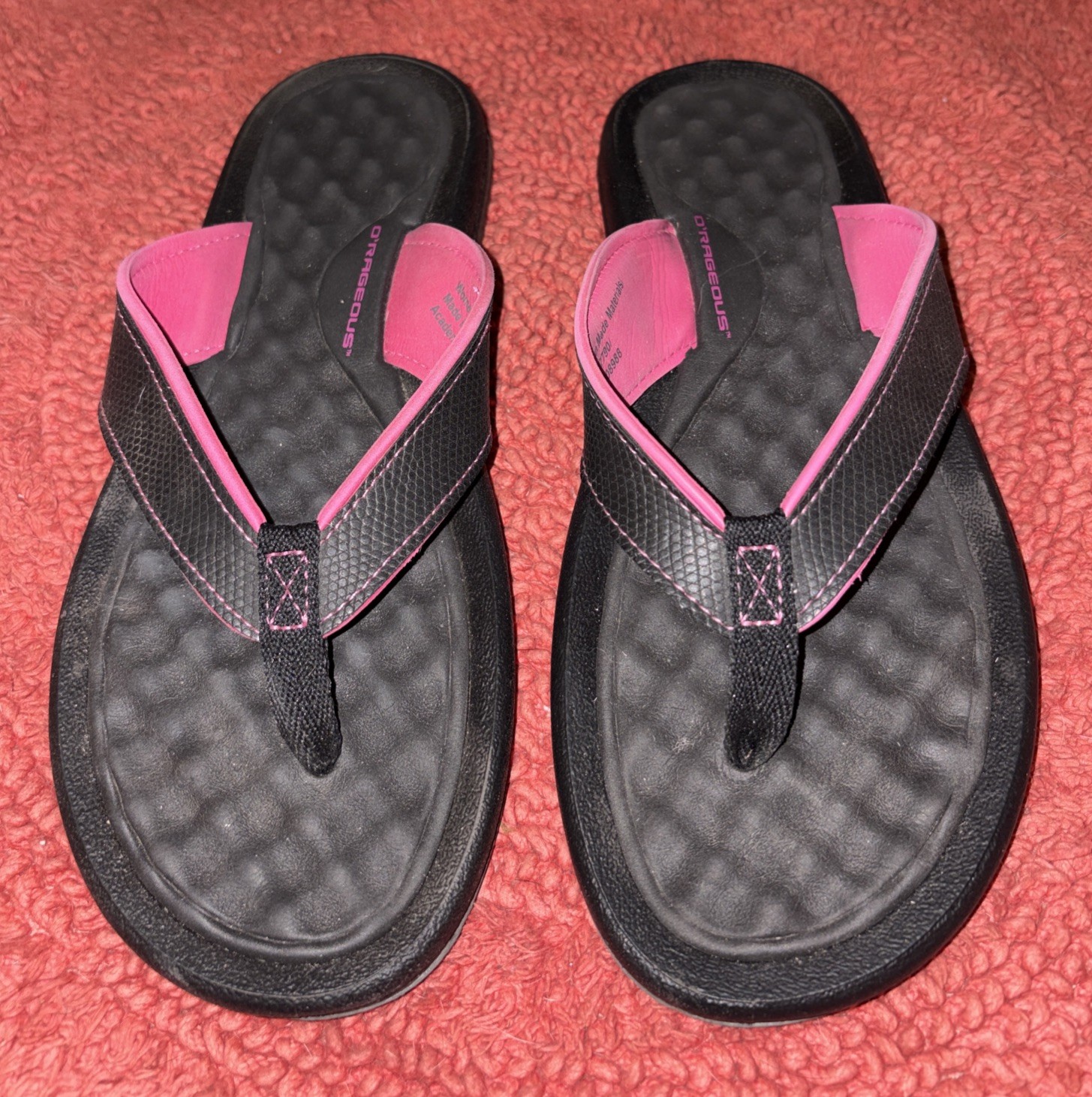 O’Rageous Women’s EVA Foam Padded Flip Flops Black Pink Trim Thong Sandal Sz 9 M