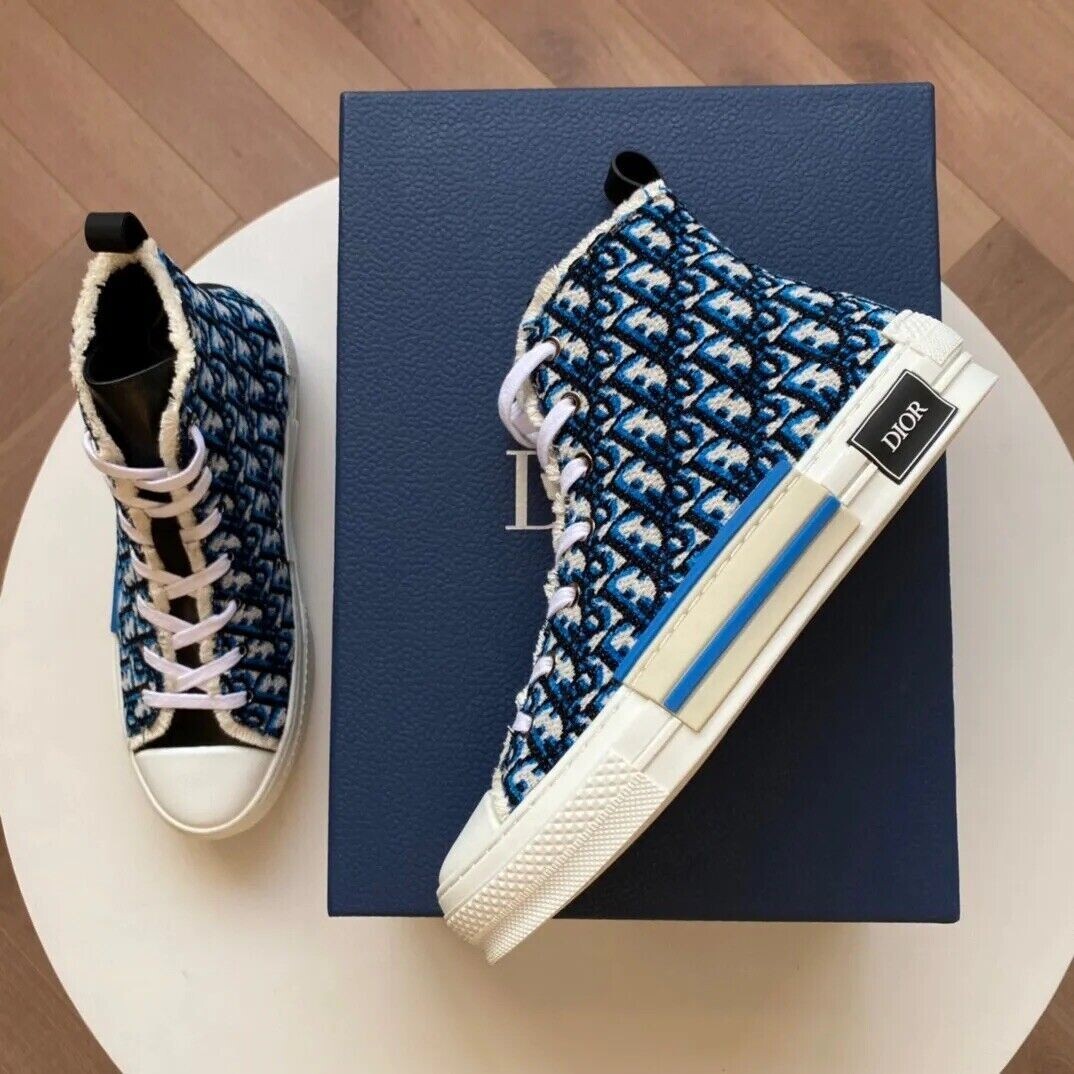 New CHRISTIAN DIOR B23 HIGH SNEAKER BEIGE BLACK NAVY BLUE TAPESTRY- Size 39