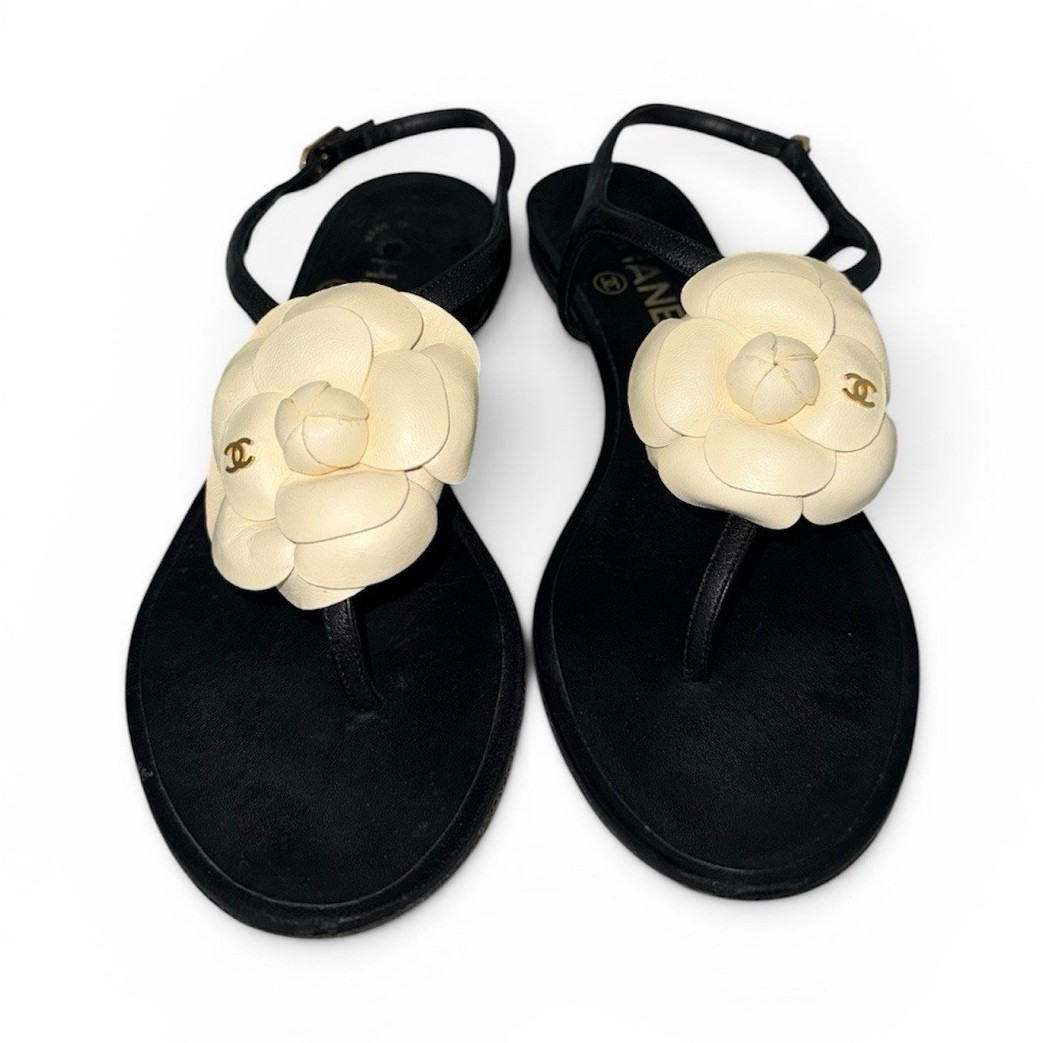CHANEL Women’s Black/Ivory Thong Sandals Camellia Flower Ankle Strap Buckle