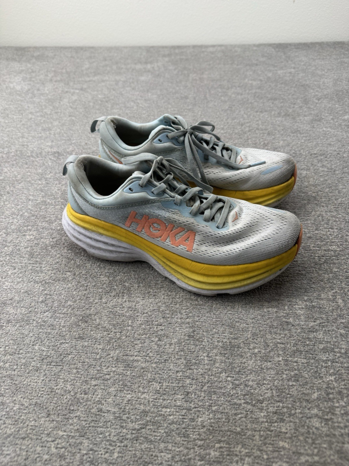 HOKA ONE ONE Bondi 8 Shoes Womens Sz 7.5 B Blue Yellow Max Cushion Road Running