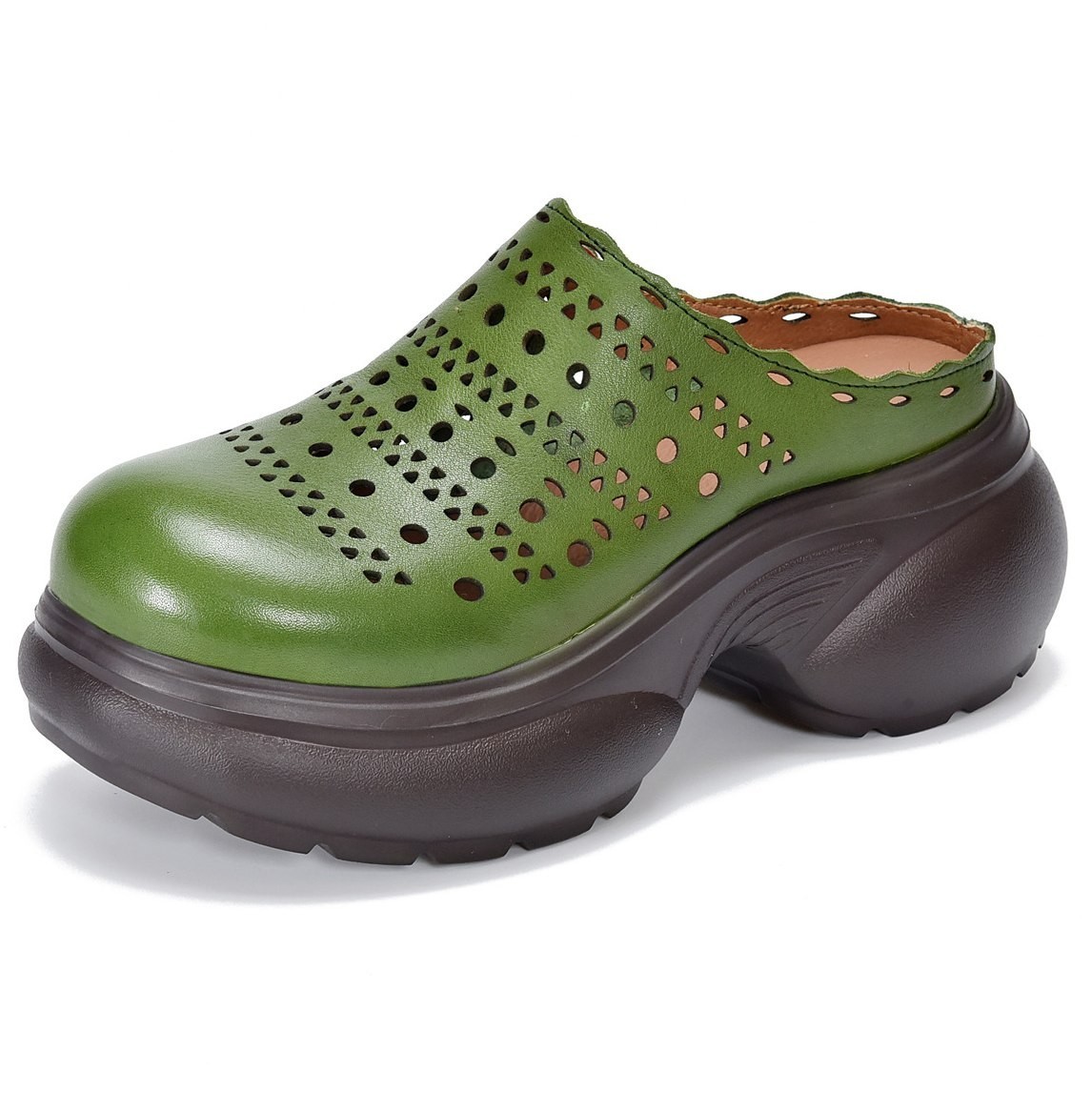 Chunky Mules Women’s Genuine Leather Round Toe Flat Platform Creeper Sandals New