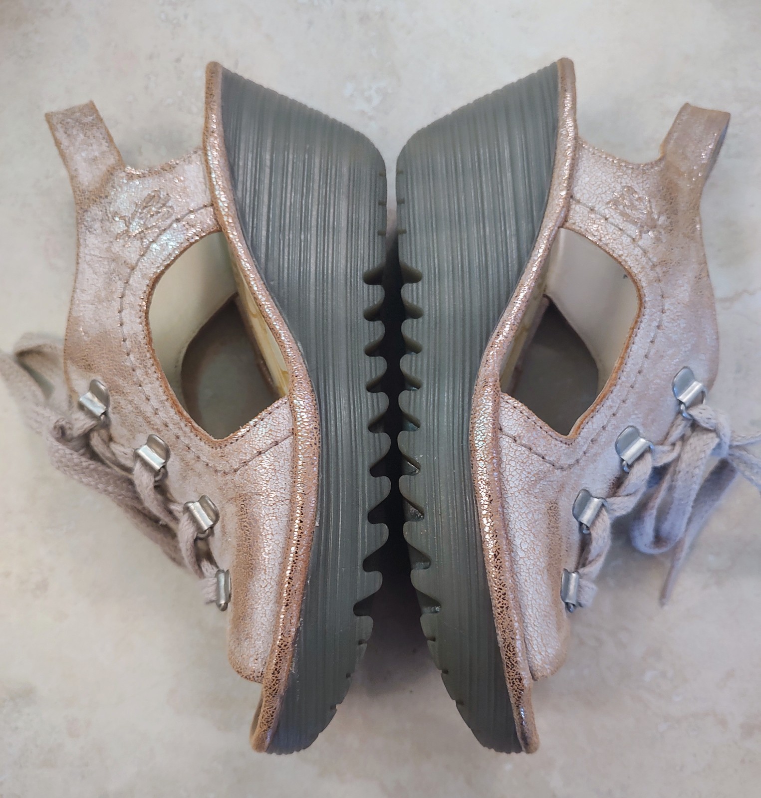Fly London Platform Wedge Designer Leather Shoes Golden Metal Portugal