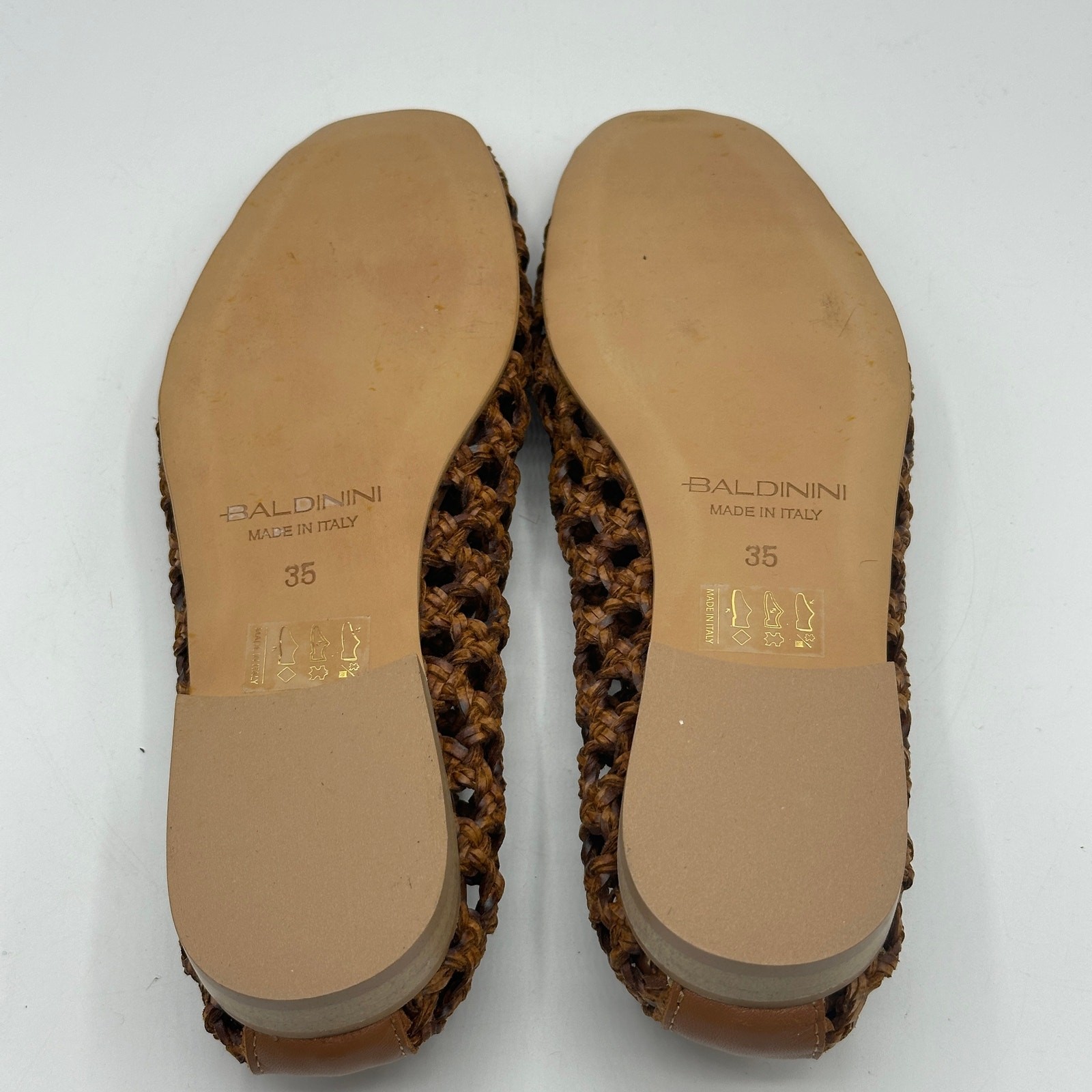 BALDININI Open Woven Leather Basketweave Flats Cognac Brown Sz 35 NWOB $450