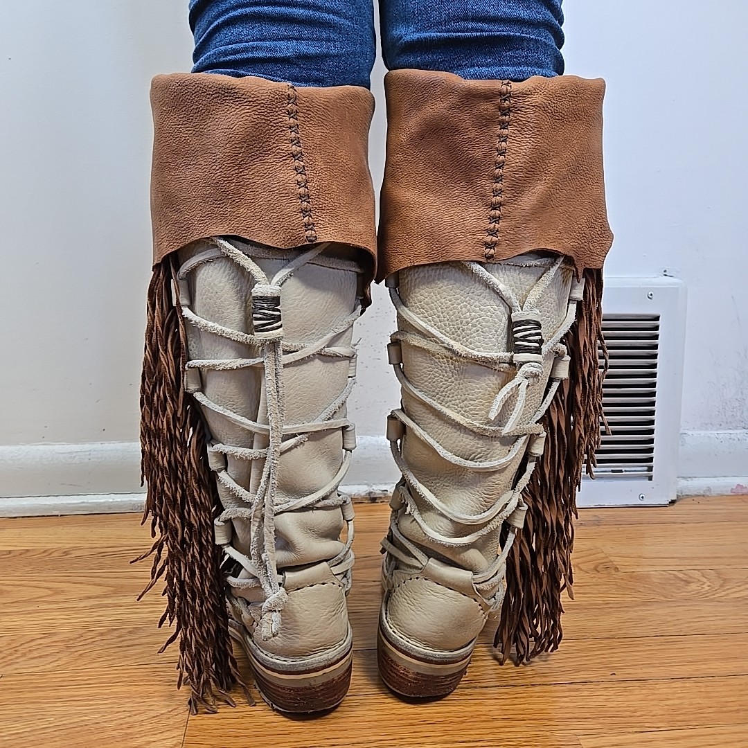 VTG 70s Hand Made Fringed Leather Western Boots Over Knee Concho Womens 9 USA