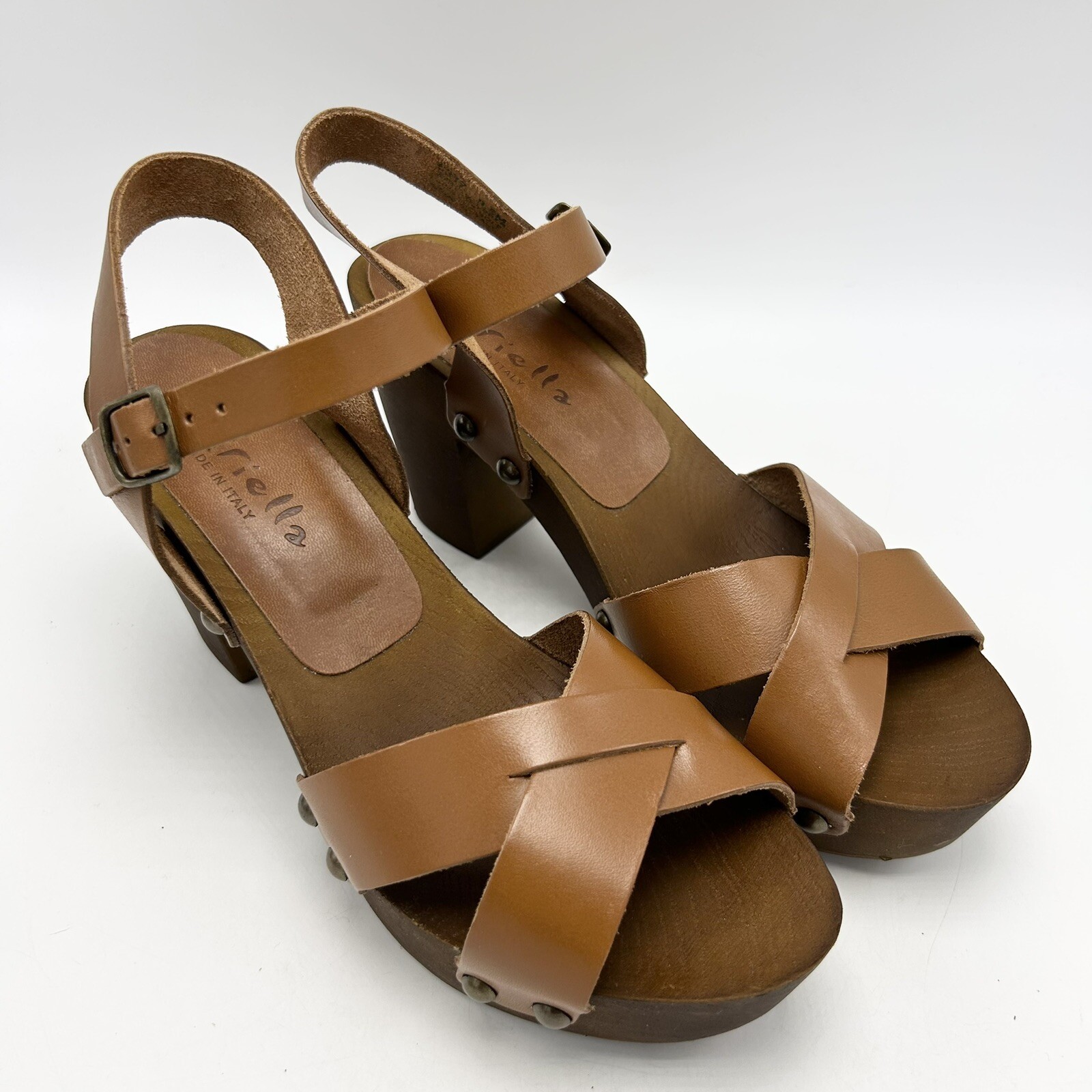 Mariella Sandals Womens 9.5 M Brown Leather Block Heels Wood Look Made in Italy