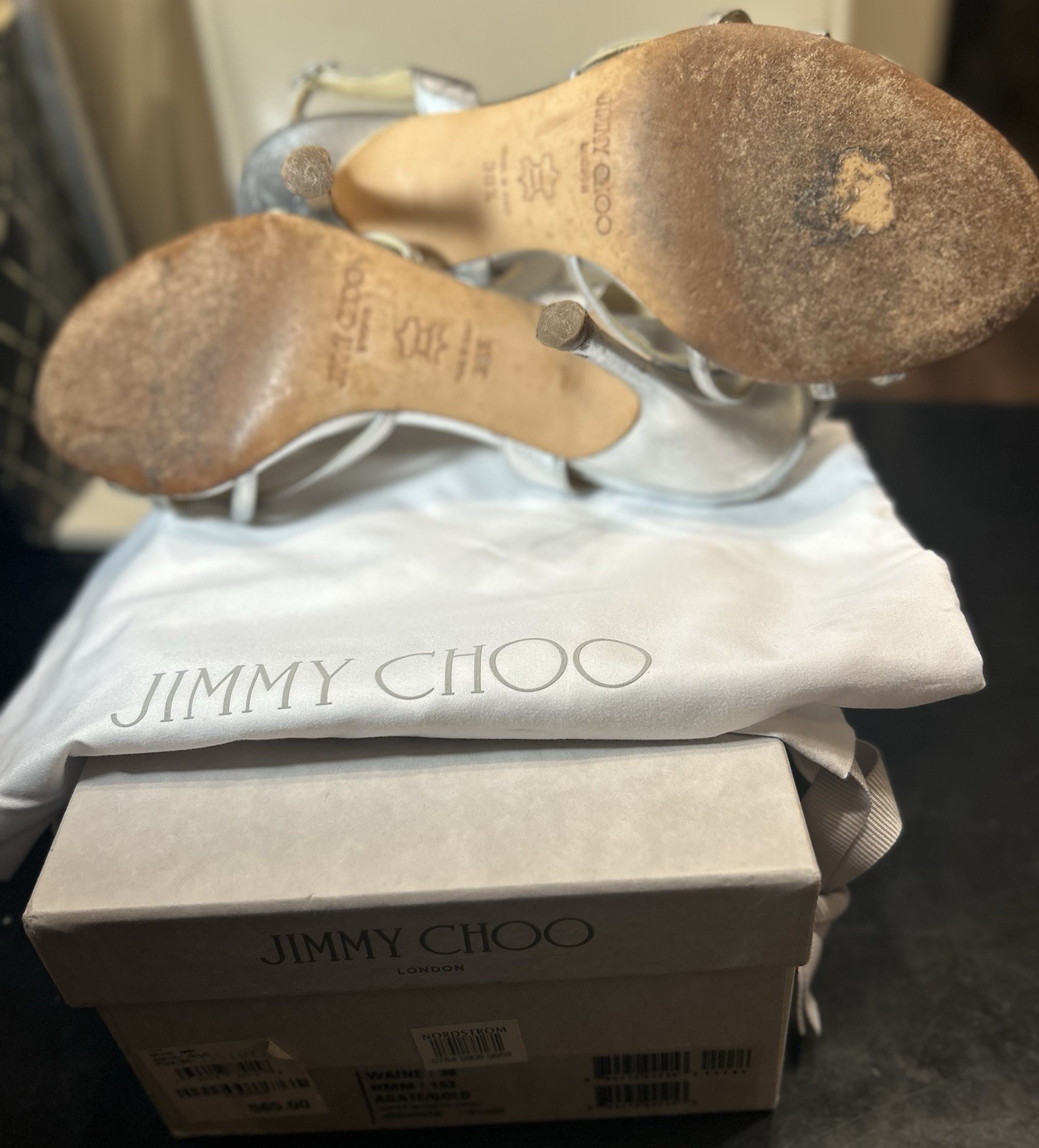 Jimmy Choo Silver Leather Strappy Open Toe Buckle Stiletto Heel Women 8.5