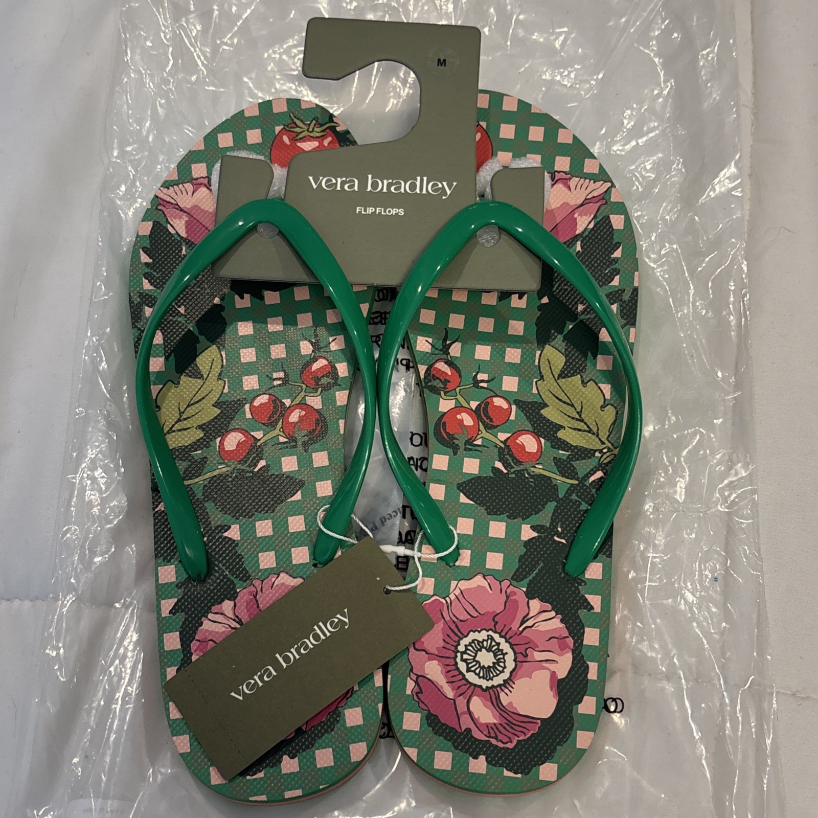 NWT Vera Bradley Tomato Vines, Kelly Green Flip Flops Sandals Boho 7/8