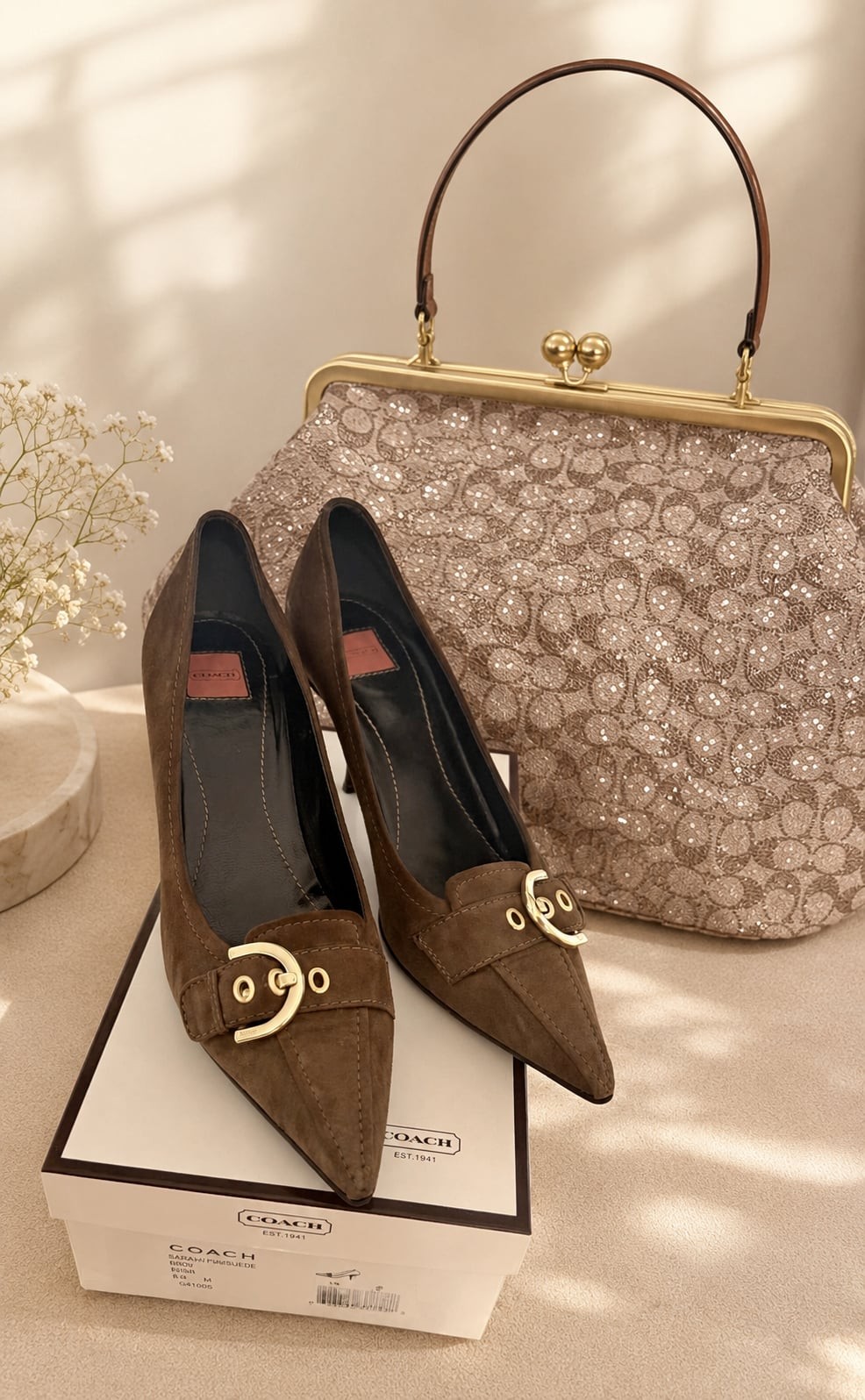 Coach Sarrah Kidsuede Pointed-Toe Kitten Heel Pumps in Flint