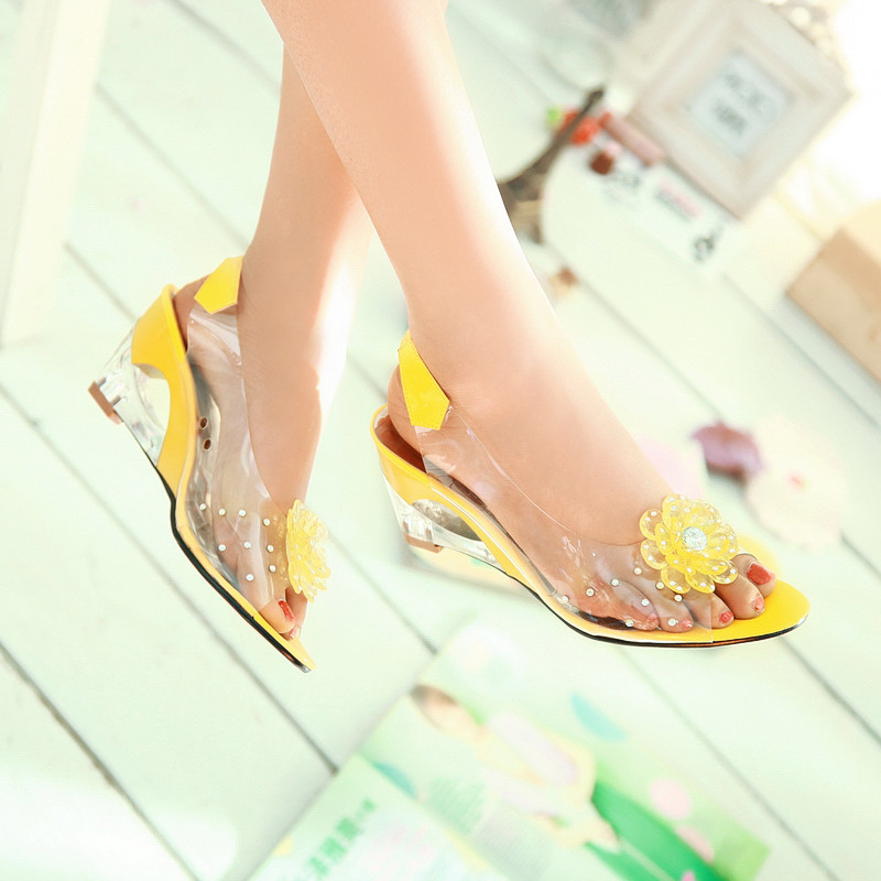 Women’s Peep Toe Flower Rhinestone Clear Sandals Mid Wedge Heel Slingbacks Shoes