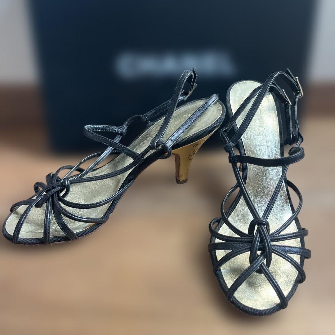 CHANEL Black Strap Sandals 23cm Heel 8.5cm Gold Accent