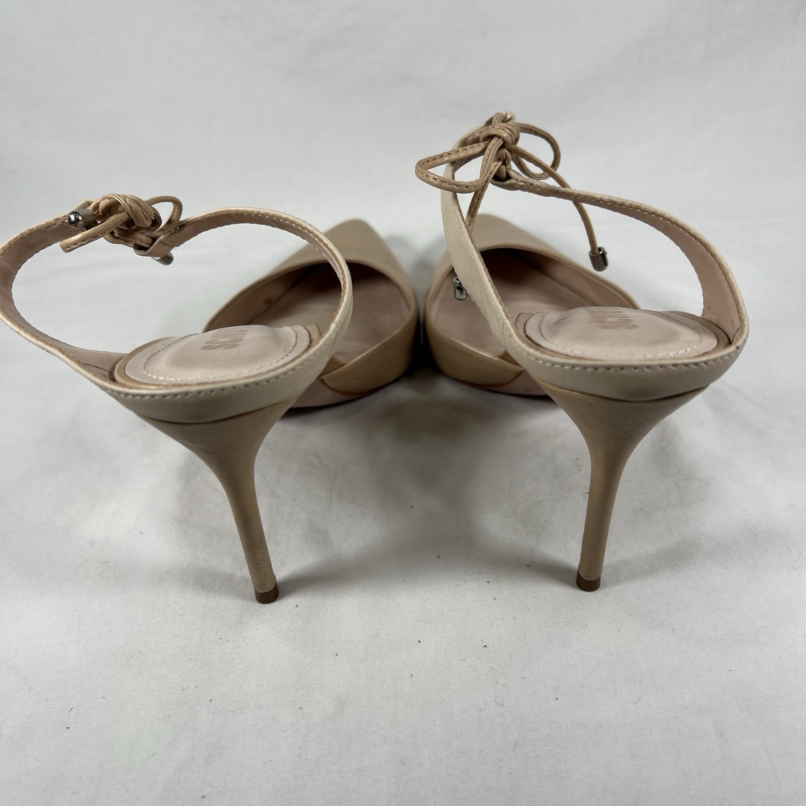 Schutz Nude Leather Pointed Toe Heels Ankle Tie Minimalist Quiet Luxury Sz 9.5B
