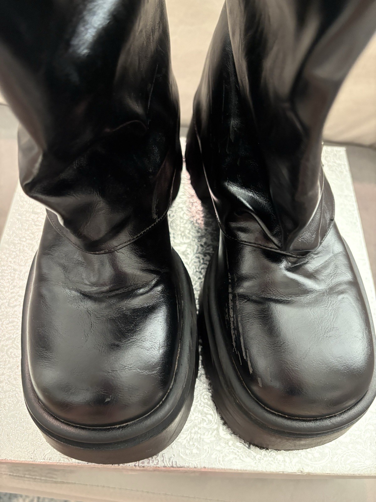 Black Faux Leather Knee High Platform Lug Sole Boots Zip Buckle US 7.5