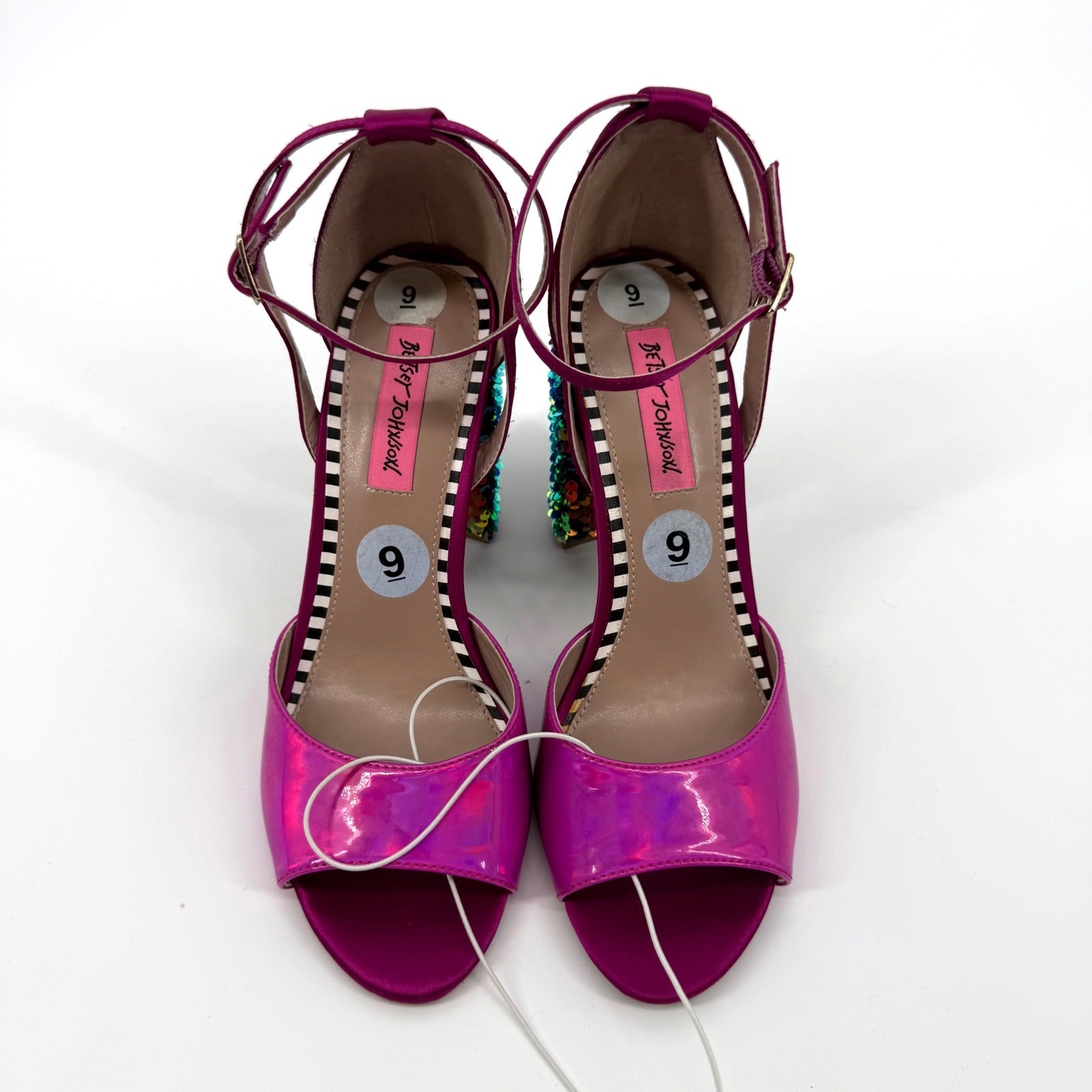 Betsey Johnson 9 Brandy Pink Patent Sequin Block Heel Sandals Party Glam Sparkle