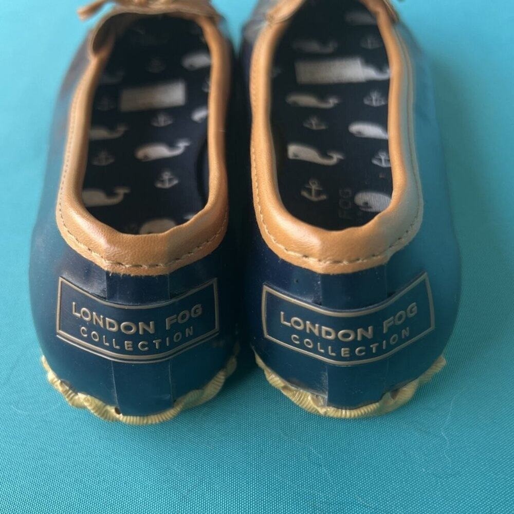 London Fog Women’s Webster Duck Rain Shoes Blue Brown Slip On Bow Size 6 M EUC