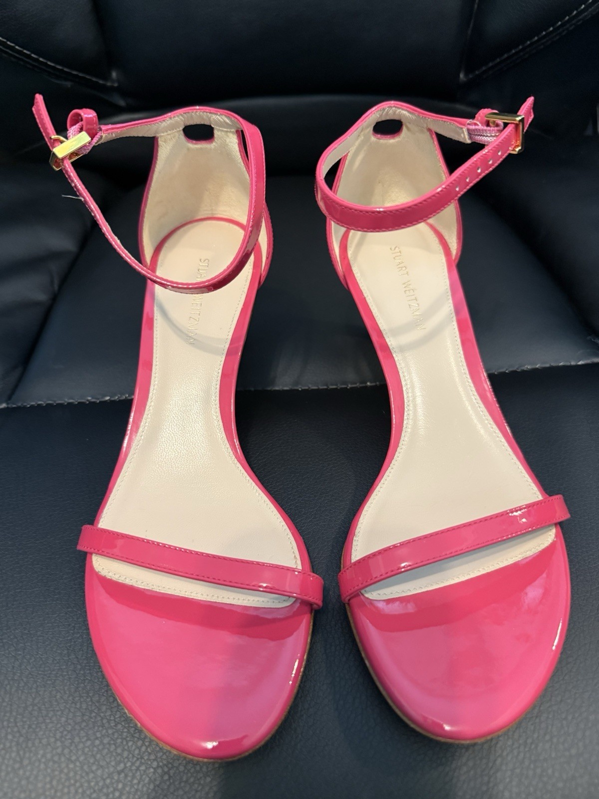 New Stuart Weitzman Pink Patent Leather Open Toe Strappy Buckle Heels US 5.5