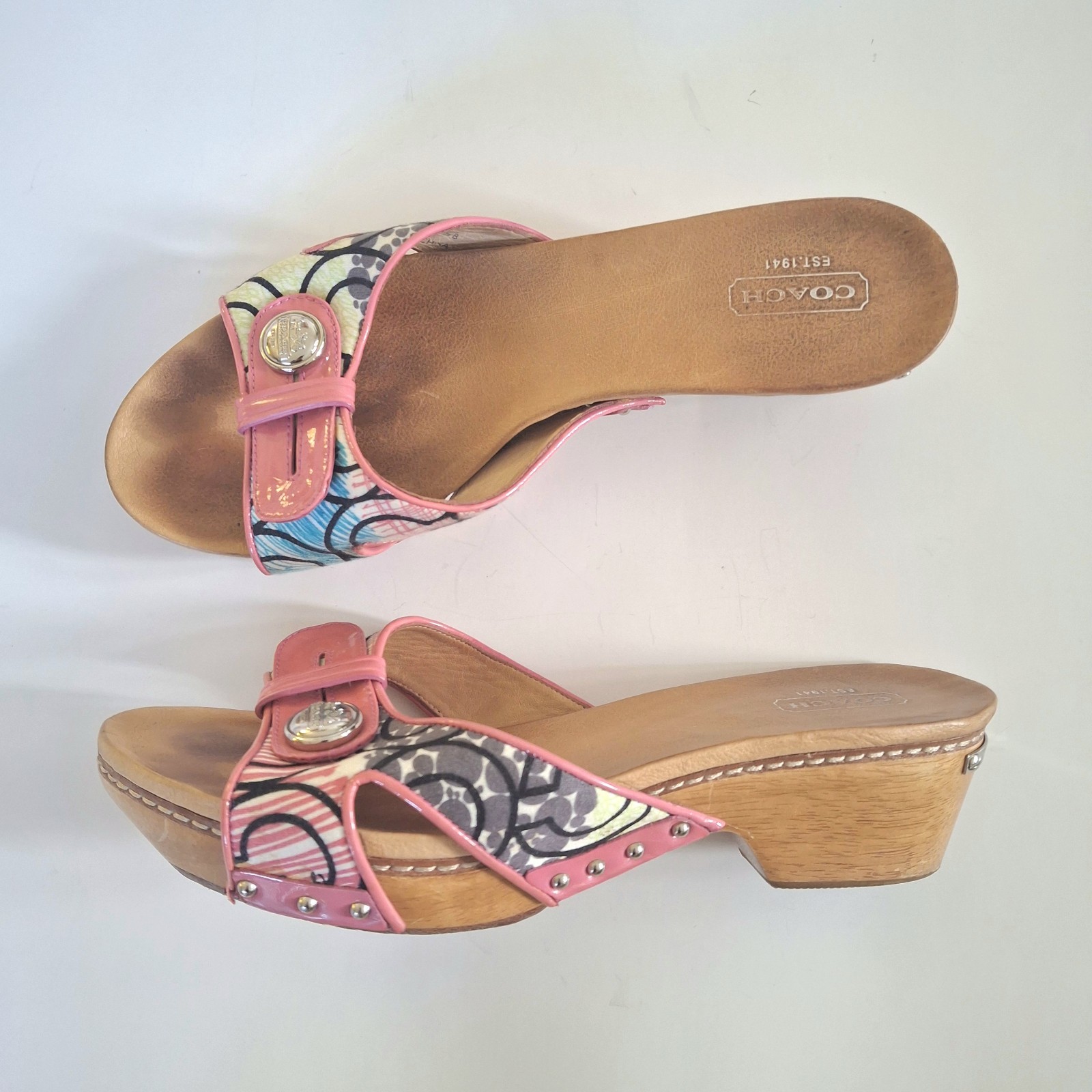 Y2K Vintage Coach Lee Patchwork Wooden Sandals Shoes Size 7.5 Boho Beach Summer