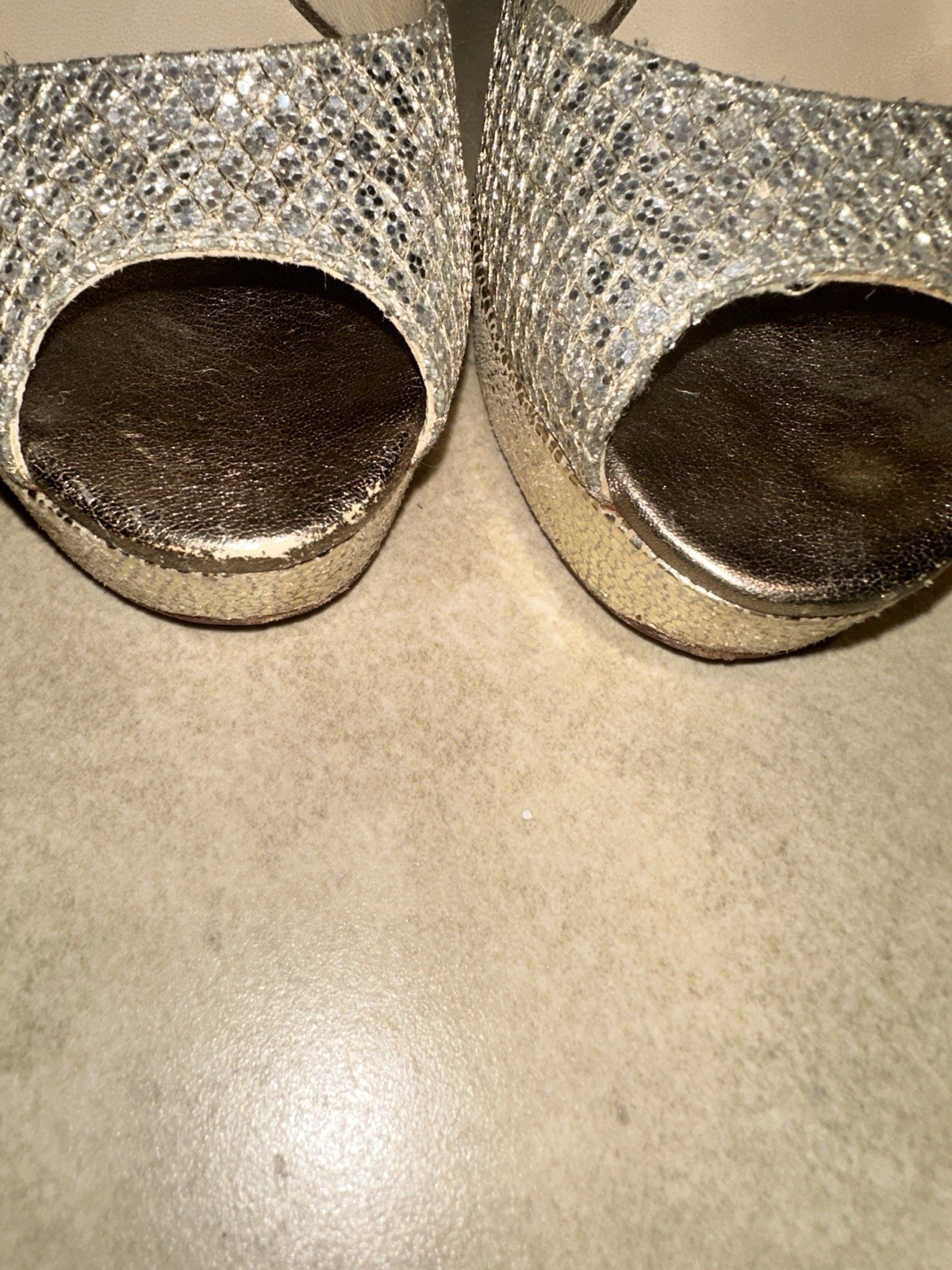 JIMMY CHOO SILVER GOLD SPARKLY PLATFORM Peep Toe HEELS 36.5