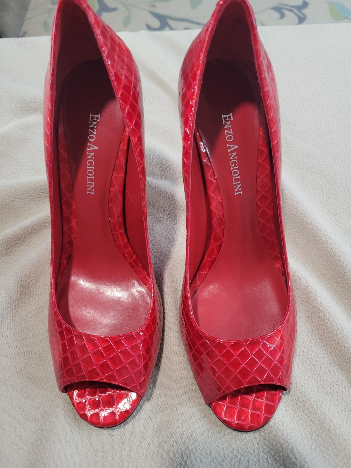 Enzo Angiolini Women’s Red Leather Reptile Open Toe Pump Stiletto US 7.5 M
