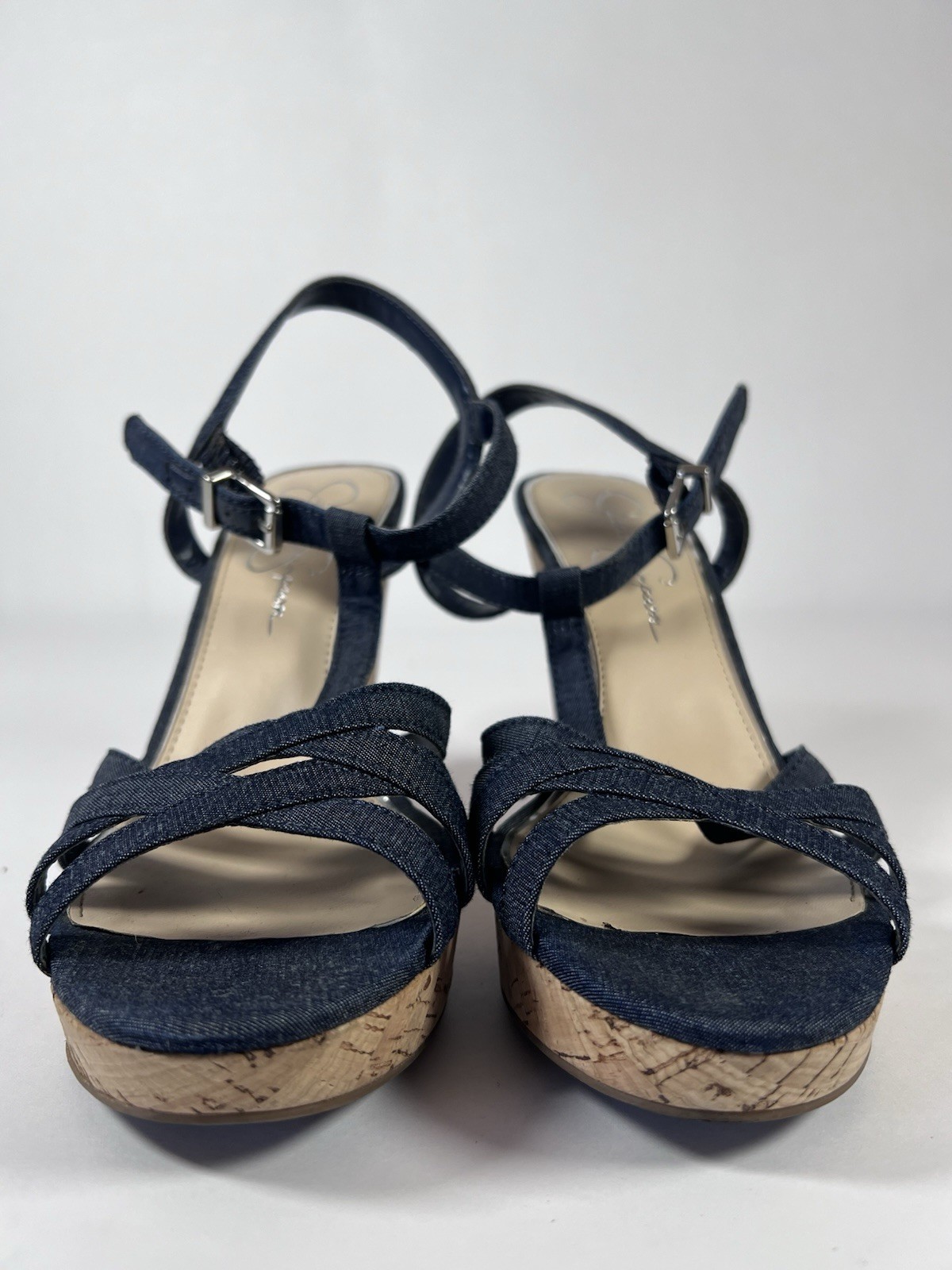 Jessica Simpson Javawn Denim Cork Wedge Sandals Women’s Size 7.5 M Strappy Blue
