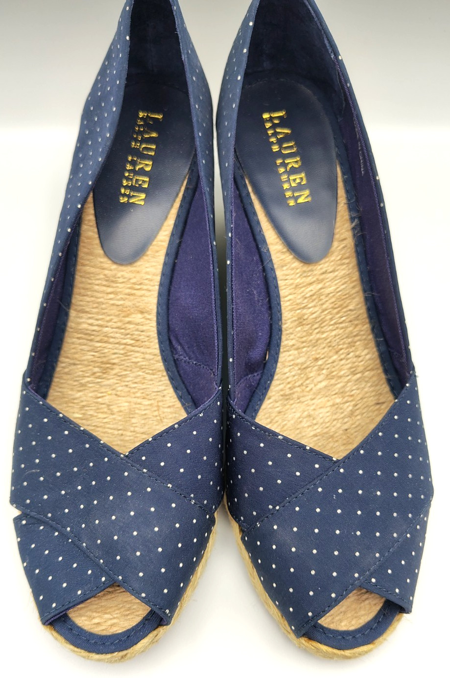 Ralph Lauren Cecilia Espadrilles Wedge Shoes Women’s size 9B Navy Polka Dot’s