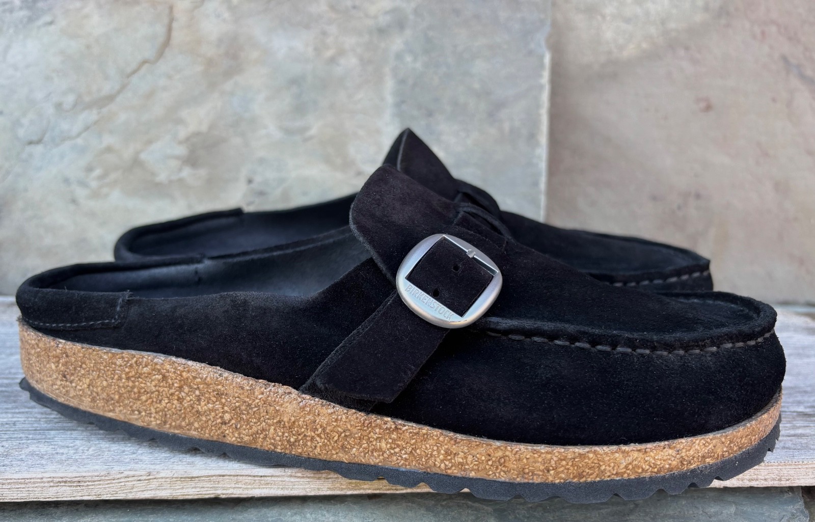 Nice! Birkenstock BUCKLEY (40/9N) Clogs Black Suede Slides Mules Strap w/ Buckle