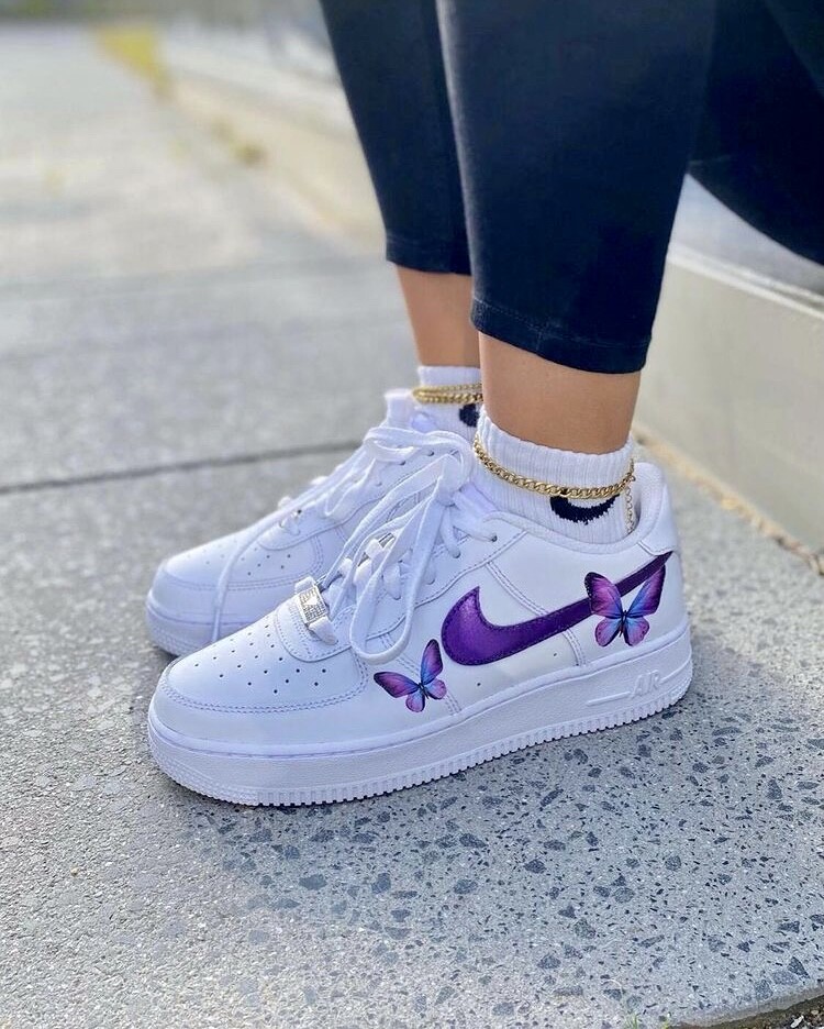 Nike Air Force 1 «Purple Glitter Butterfly» Low White Custom Shoes All Sizes