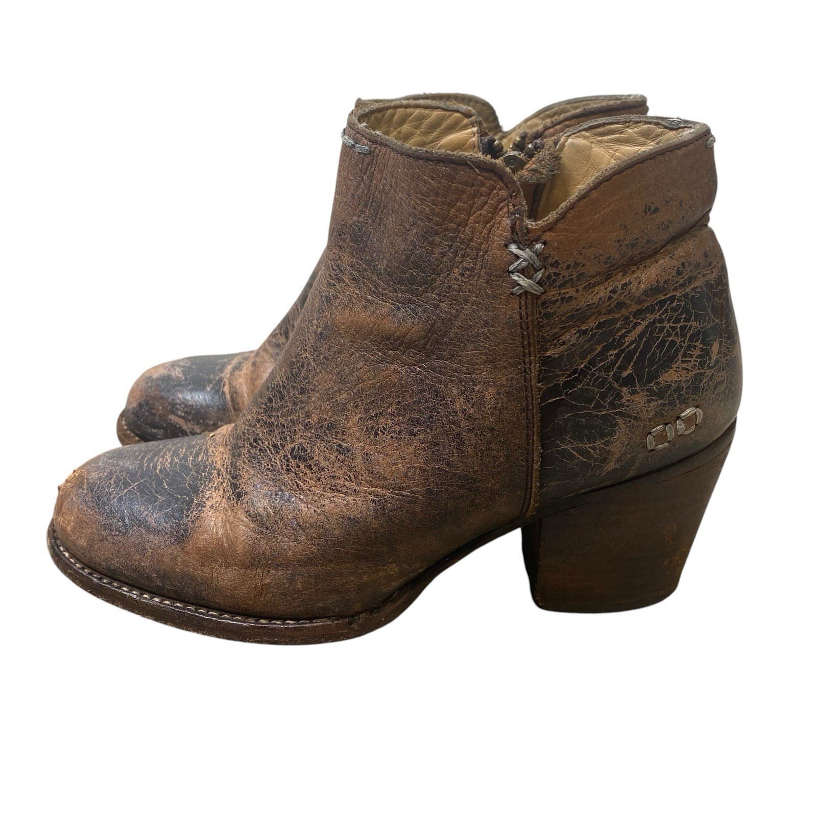 Bed Stu Distressed Leather Women Size 6.5 Brown Block Heels Western Grunge