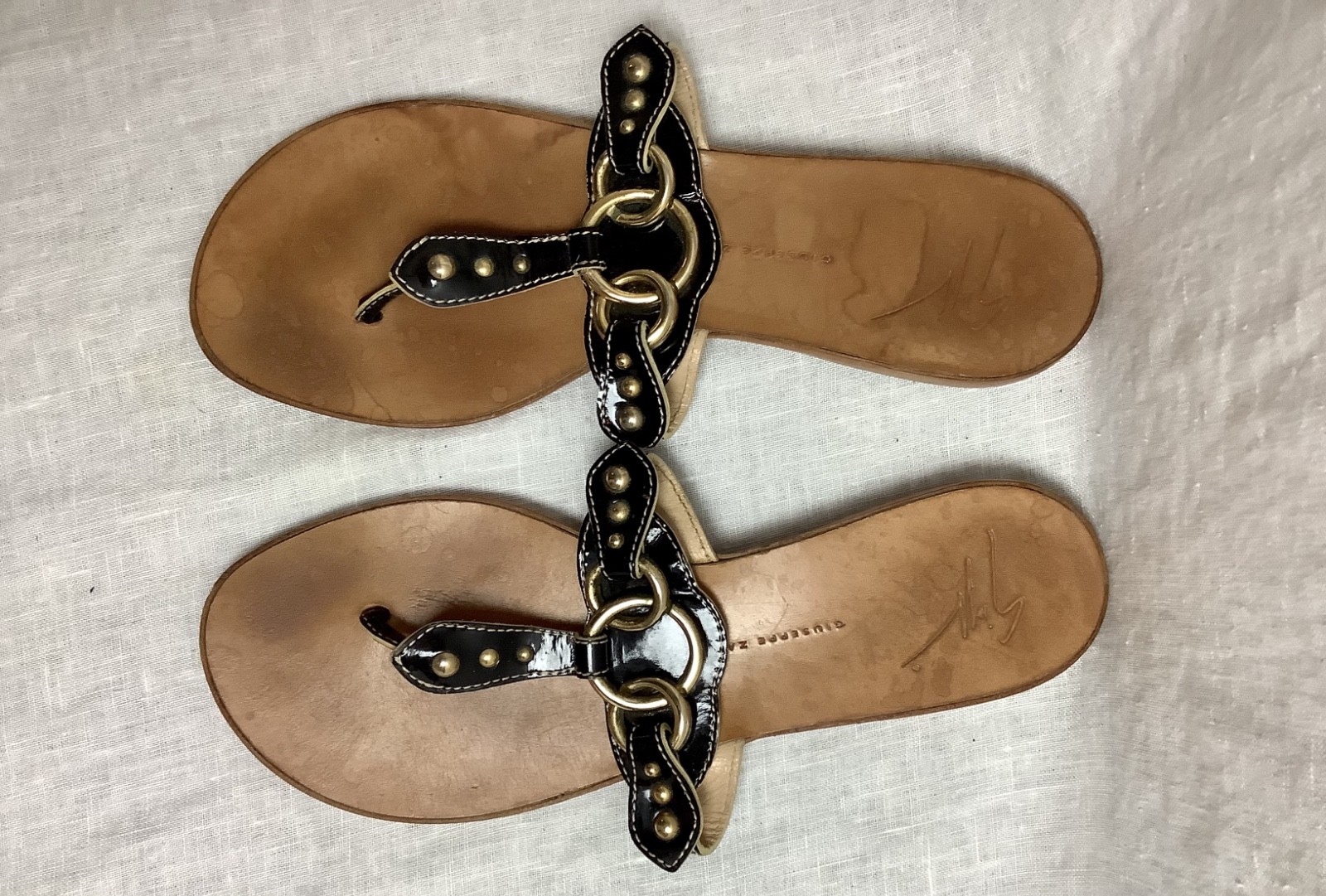 Giuseppe Zanotti Studded Ring Thong Sandals Black Patent Leather EU 37
