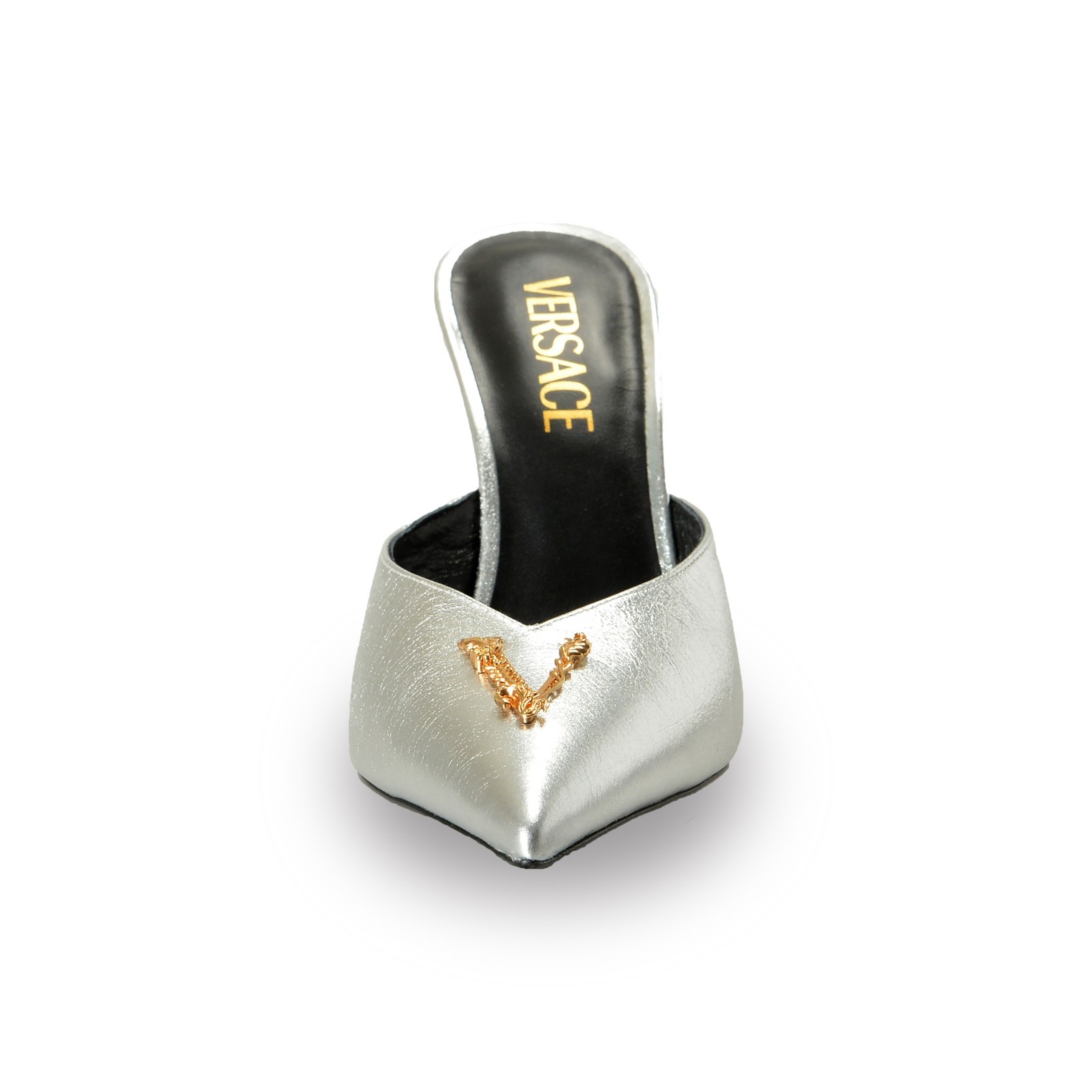 Versace Women’s V Logo 100% Textured Leather Heeled Mules Shoes US 6 IT 36