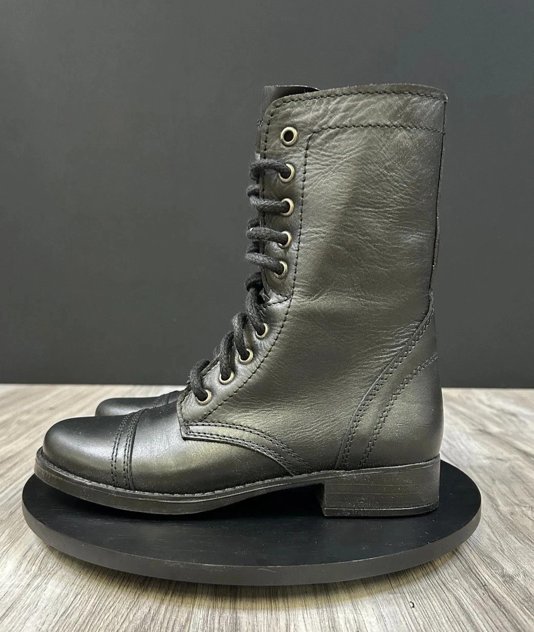Steve Madden Troopa Combat Boots Black Leather Lace Up Womens Size 6.5 NEW