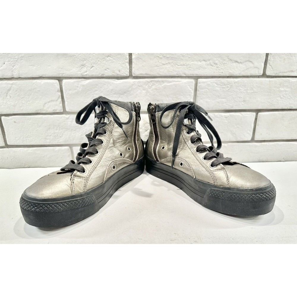 Crime London Silver Leather Distressed Studded Zipper High Top Sneakers 36/6