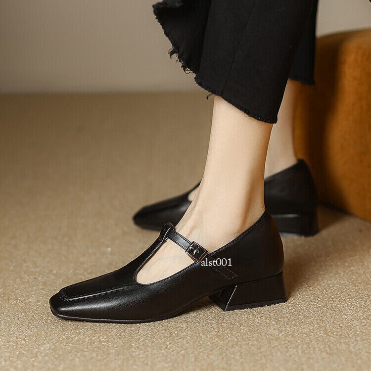 Vintage Faux Leather Mary Jane Womens Low Heels Square Toe T-Strap Shoes OL Pump