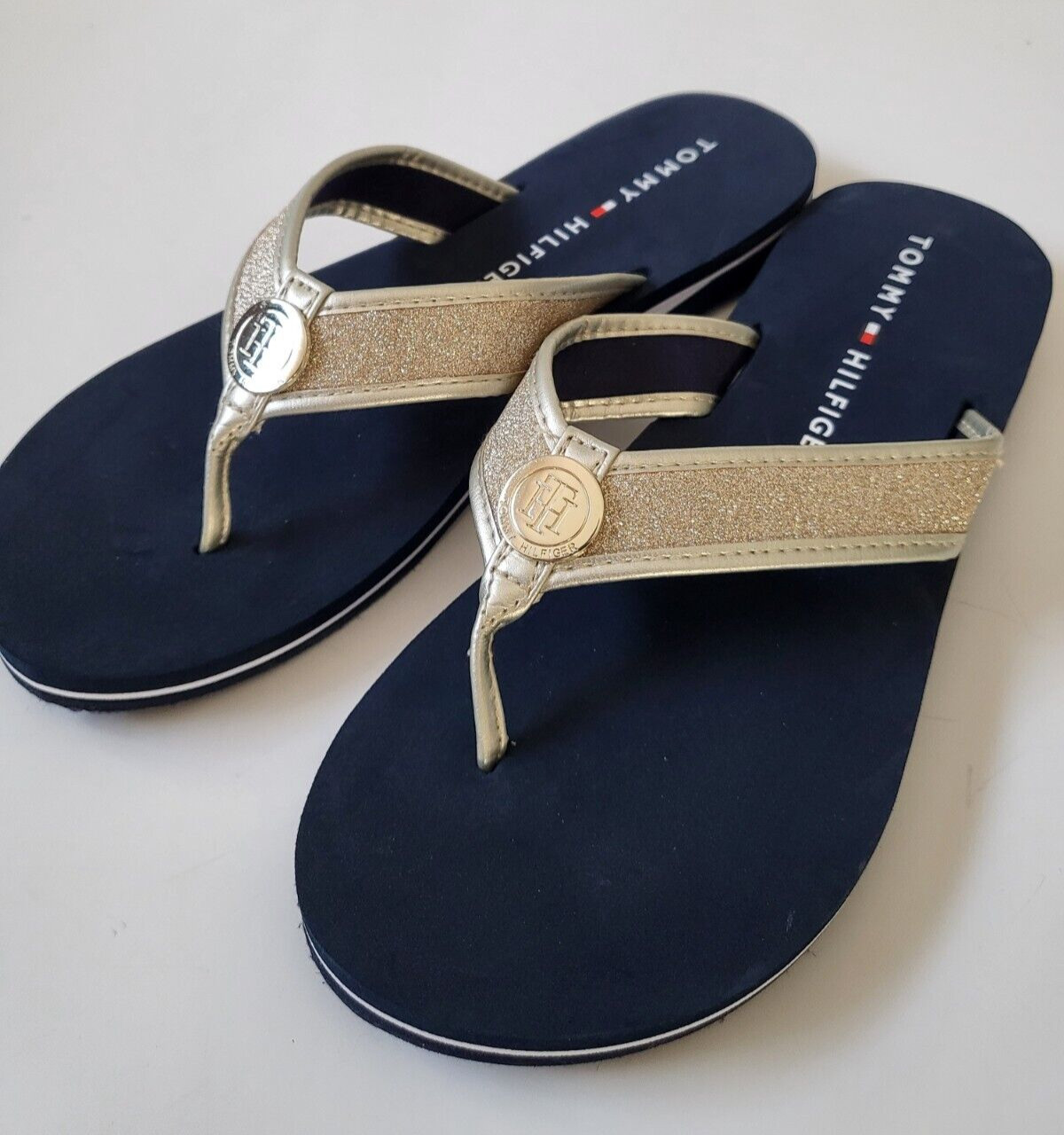 TOMMY HILFIGER Glitter Sandals Flip flops TH Logo Womens Size 10 Navy Gold