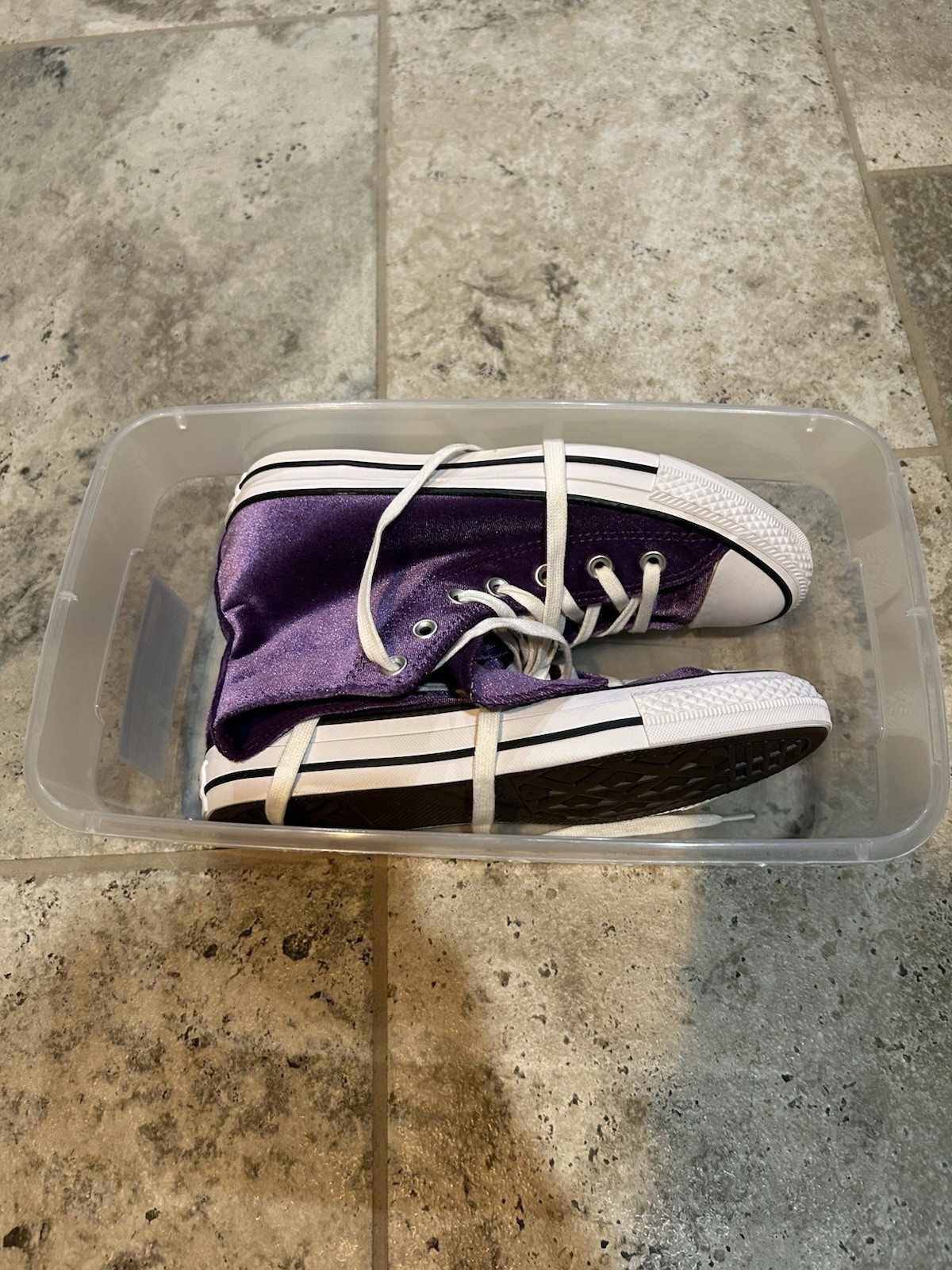 Purple Converse Size 7.5, Fuzzy outside #557931F with Plastic Shoe Storage Box