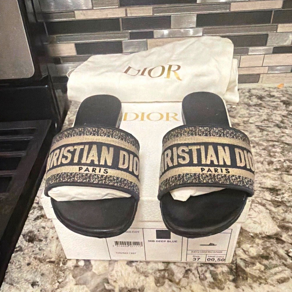 Dior Women’s Logo Slide Sandals Cotton Upper Black/Beige EU 37 US 6.5