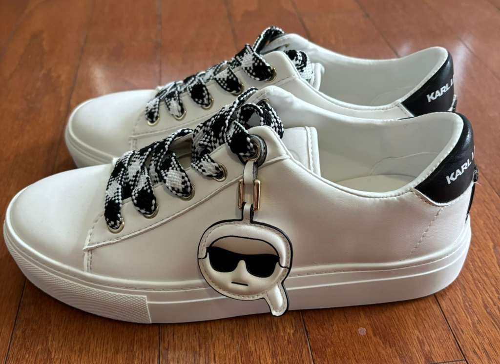 Karl Lagerfeld Paris Carabay White Cat and Karl Pins Lace Up Womens Sneakers
