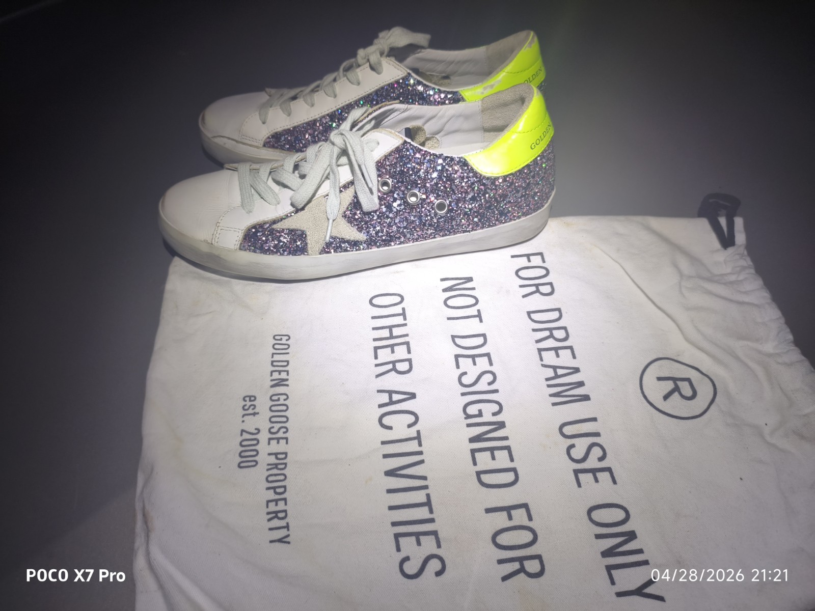 Golden Goose Superstar Low-Top Glitter Lace-Up Sneaker White Neon Yellow NWOB