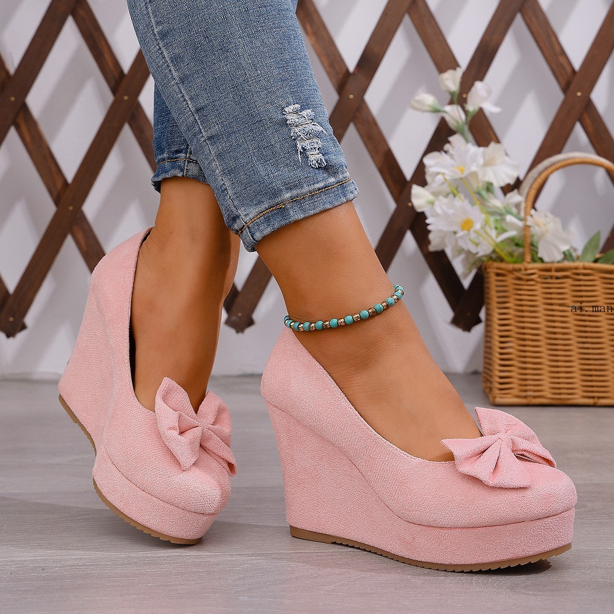 Women’s Bow-Knot Platform Wedge Pumps Slip-On Round Toe Comfort Mary Jane Shoes