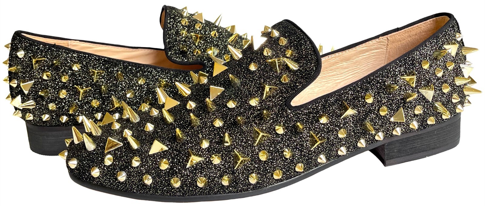 Men’s Gold Spikes Loafers Black Dress Shoes Slip-on Leather Slippers Prom Flats