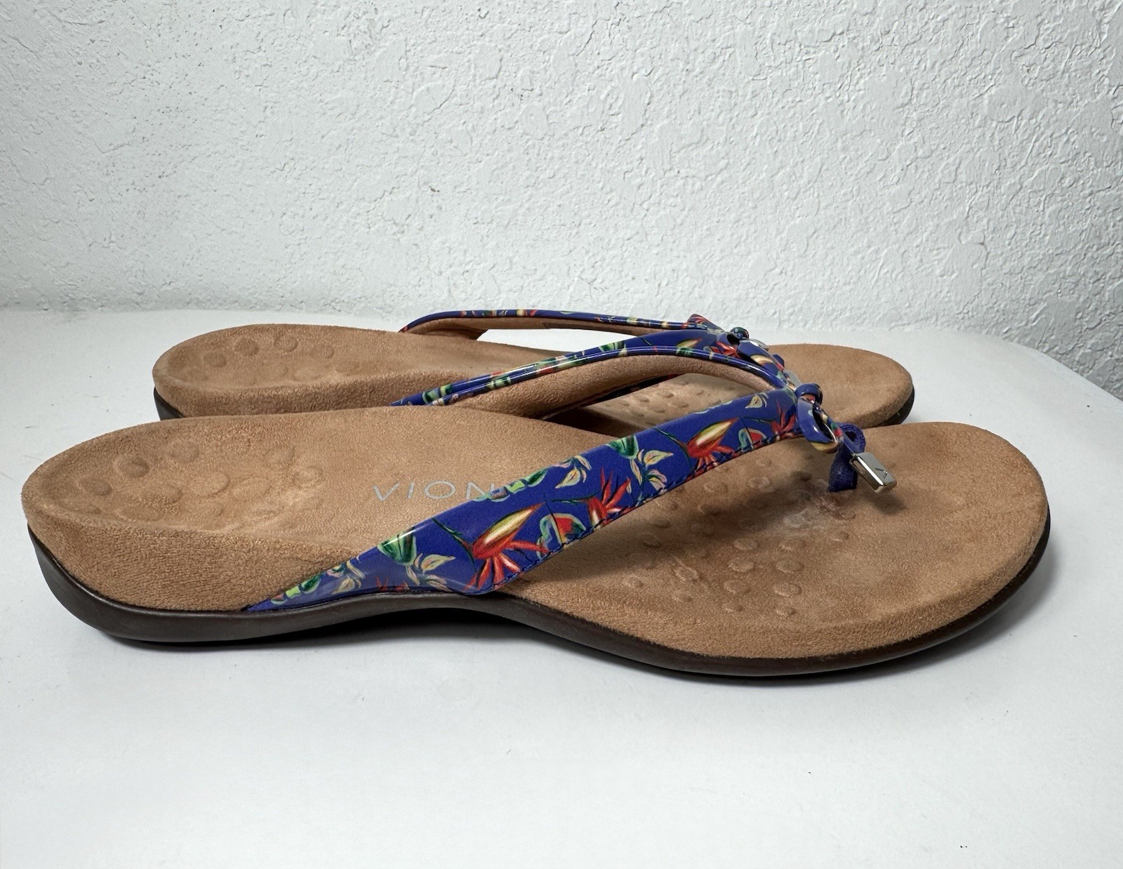 Vionic Bella II Sandals Flip Flops Tropical Floral Comfort Blue Bow Womens 8.5