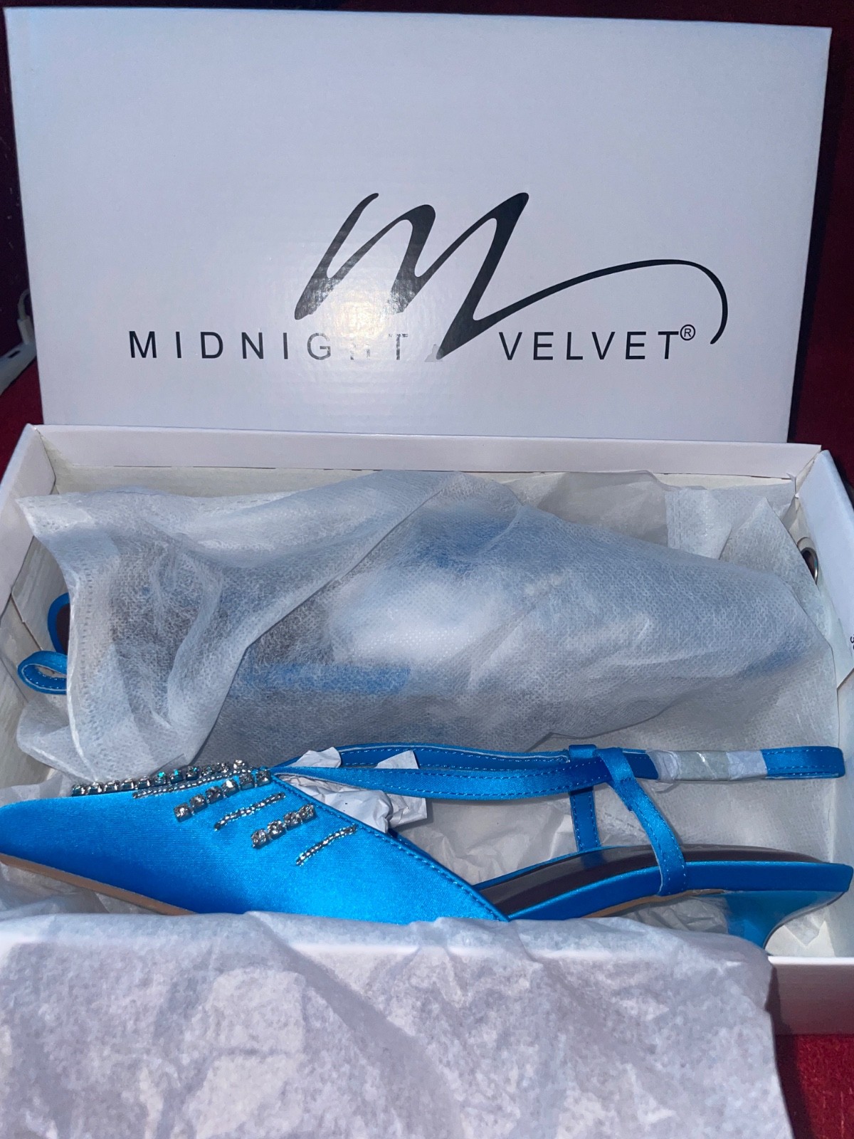 New, unworn, midnight velvet show, Ocean Blue,Satin,Rhinestone,Slingback,Size 39