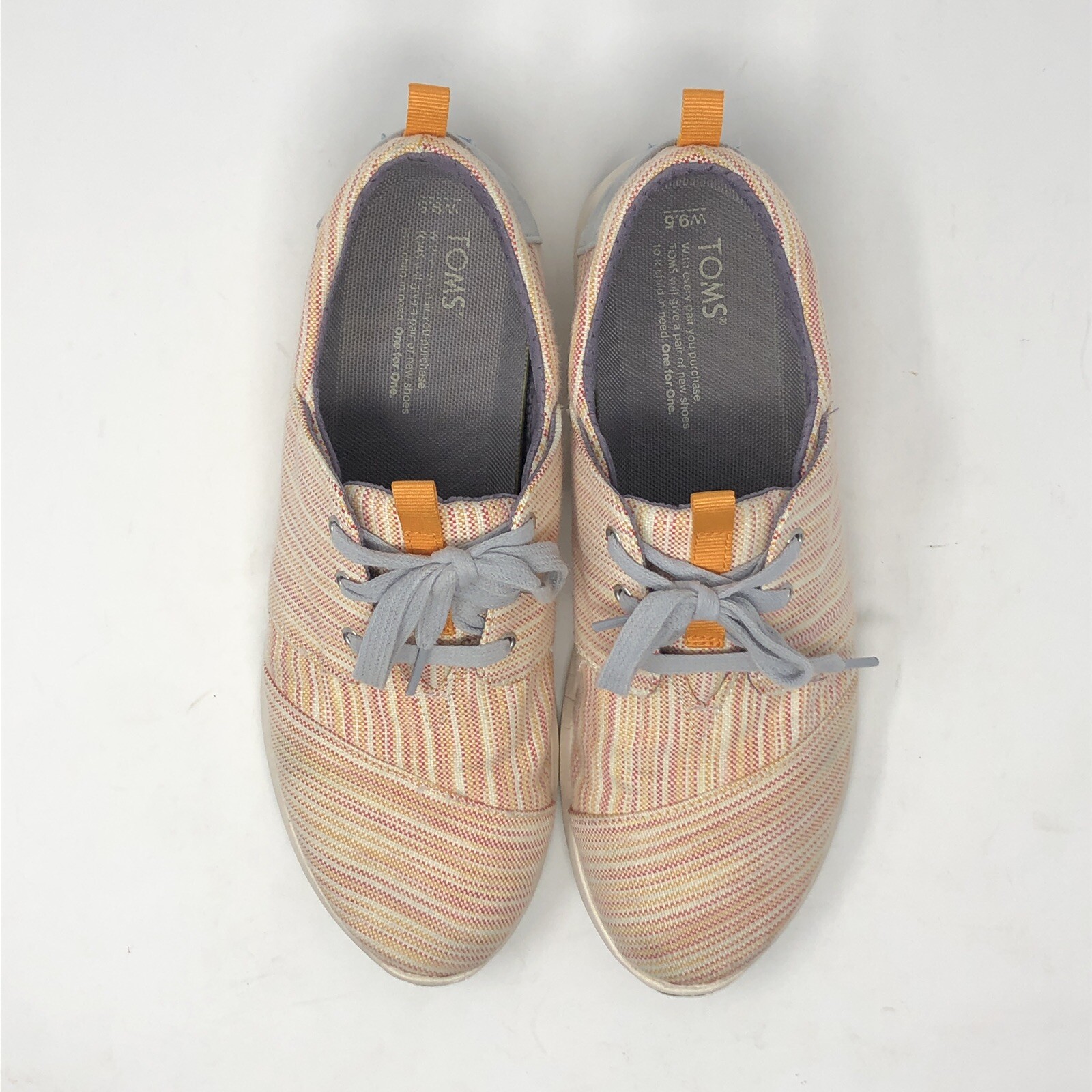 Toms Shoes Womens 9.5 Orange Striped Del Rey Canvas Trainers Lace Up Sneakers