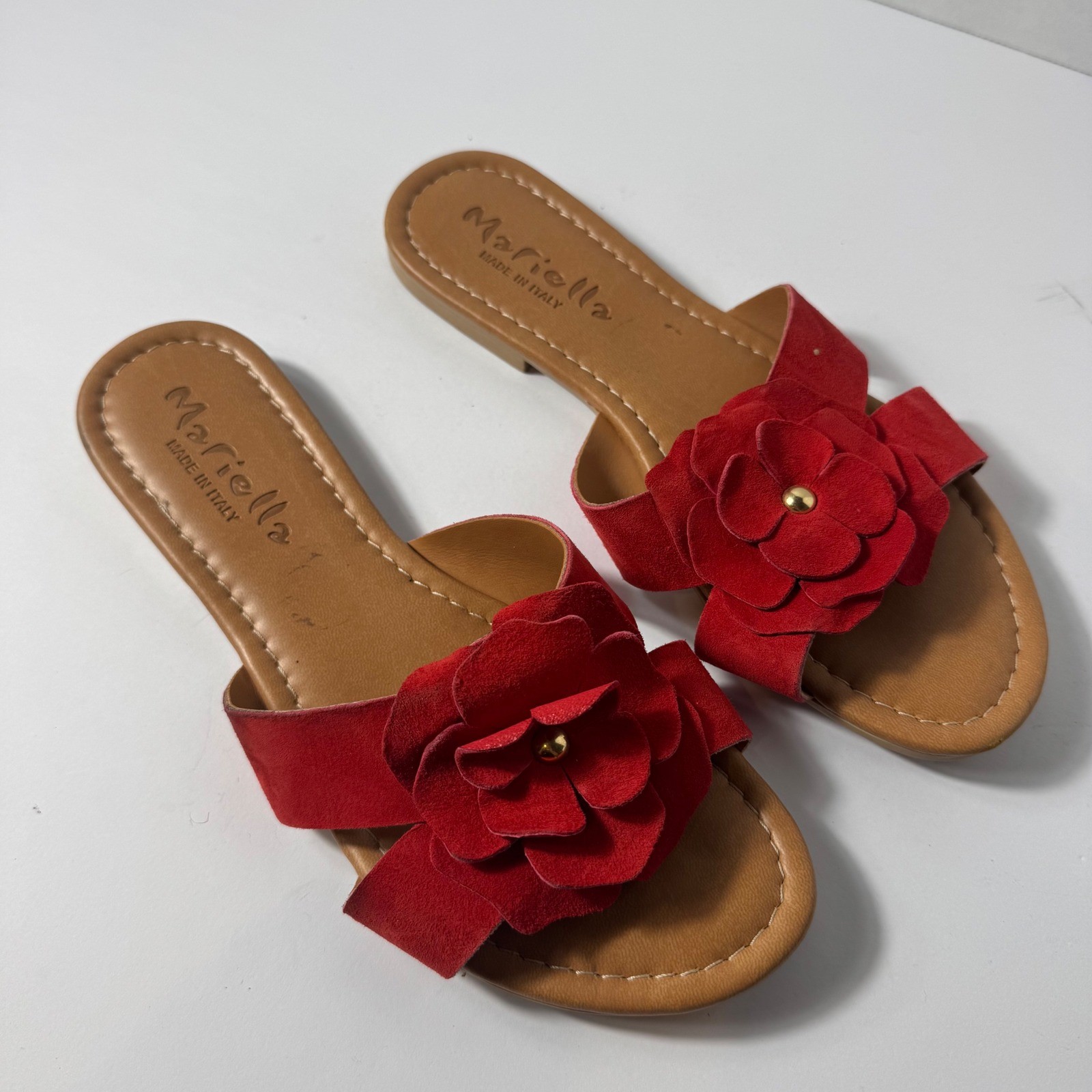 Mariella Made in Italy Red Suede Floral 6 Slide Sandals Flat Slip On Shoes